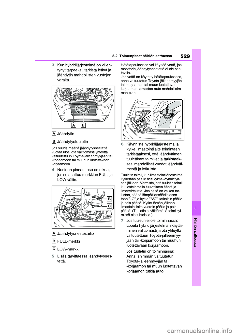 TOYOTA RAV4 PHEV 2021 Omistajan Käsikirja (in Finnish) 529
8
8-2. Toimenpiteet häiriön sattuessa
Häiriön sattuessa
3
Kun hybridijärjestelmä on viilen-
tynyt tarpeeksi, tark ista letkut ja
jäähdytin mahdollisten vuotojen
varalta.
Jäähdytin
Jä TOYOTA RAV4 PHEV 2021 Omistajan Käsikirja (in Finnish) 529
8
8-2. Toimenpiteet häiriön sattuessa
Häiriön sattuessa
3
Kun hybridijärjestelmä on viilen-
tynyt tarpeeksi, tark ista letkut ja
jäähdytin mahdollisten vuotojen
varalta.
Jäähdytin
Jä