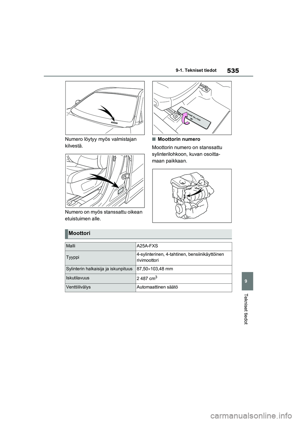 TOYOTA RAV4 PHEV 2021 Omistajan Käsikirja (in Finnish) 535
9
9-1. Tekniset tiedot
Tekniset tiedot
Numero löytyy myös valmistajan
kilvestä.
Numero on myös stanssattu oikean
etuistuimen alle.nMoottorin numero
Moottorin numero on stanssattu
sylinteril TOYOTA RAV4 PHEV 2021 Omistajan Käsikirja (in Finnish) 535
9
9-1. Tekniset tiedot
Tekniset tiedot
Numero löytyy myös valmistajan
kilvestä.
Numero on myös stanssattu oikean
etuistuimen alle.nMoottorin numero
Moottorin numero on stanssattu
sylinteril