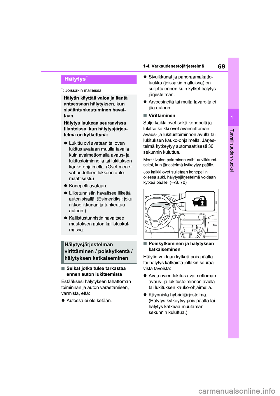 TOYOTA RAV4 PHEV 2021 Omistajan Käsikirja (in Finnish) 69
1
1-4. Varkaudenestojärjestelmä
Turvallisuuden vuoksi
*: Joissakin malleissa
nSeikat jotka tulee tarkastaa
ennen auton lukitsemista
Estääksesi hälytyksen tahattoman
toiminnan ja auton varast TOYOTA RAV4 PHEV 2021 Omistajan Käsikirja (in Finnish) 69
1
1-4. Varkaudenestojärjestelmä
Turvallisuuden vuoksi
*: Joissakin malleissa
nSeikat jotka tulee tarkastaa
ennen auton lukitsemista
Estääksesi hälytyksen tahattoman
toiminnan ja auton varast
