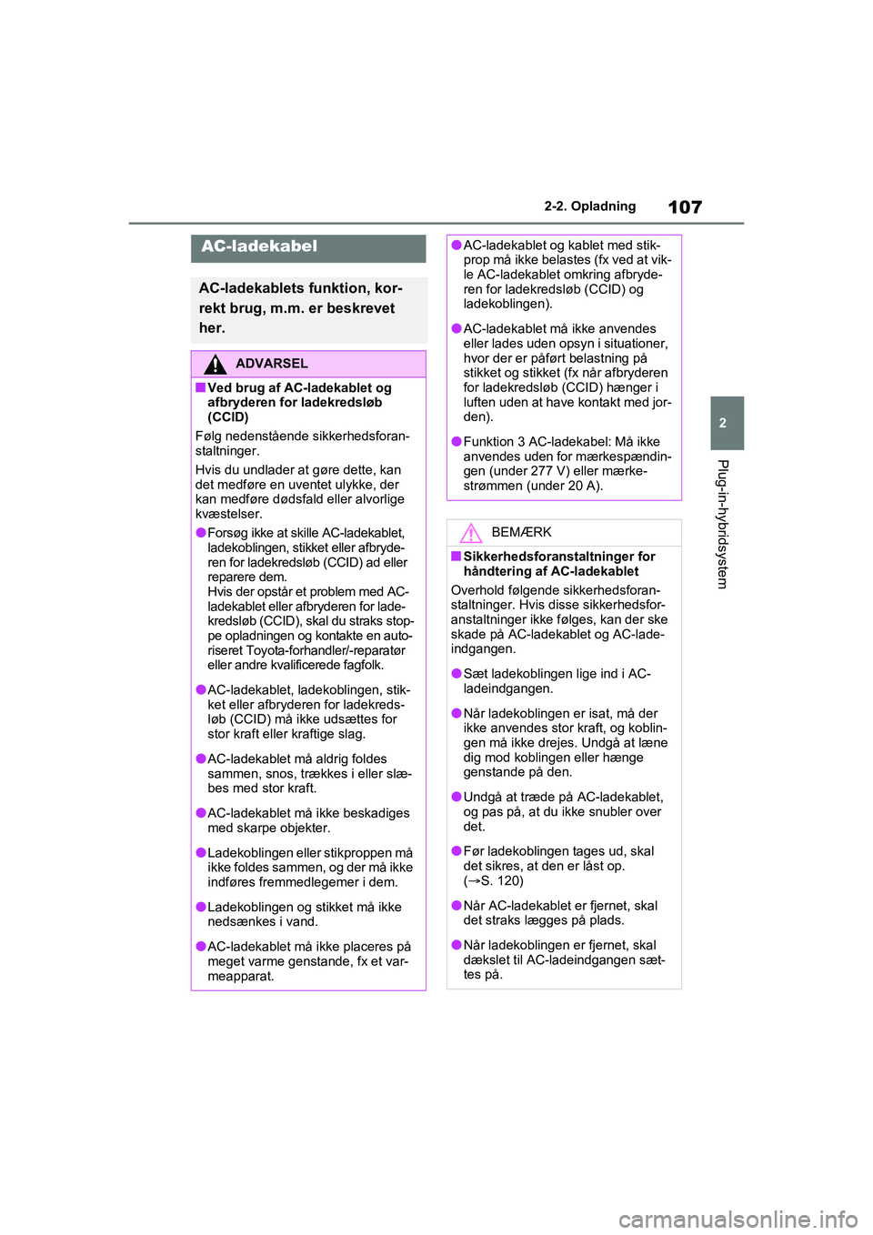 TOYOTA RAV4 PHEV 2021 Brugsanvisning (in Danish) 107
2
2-2. Opladning
Plug-in-hybridsystem
AC-ladekabel
AC-ladekablets funktion, kor-
rekt brug, m.m. er beskrevet
her.
ADVARSEL
nVed brug af AC-ladekablet og
afbryderen for ladekredsløb
(CCID)
Fø TOYOTA RAV4 PHEV 2021 Brugsanvisning (in Danish) 107
2
2-2. Opladning
Plug-in-hybridsystem
AC-ladekabel
AC-ladekablets funktion, kor-
rekt brug, m.m. er beskrevet
her.
ADVARSEL
nVed brug af AC-ladekablet og
afbryderen for ladekredsløb
(CCID)
Fø