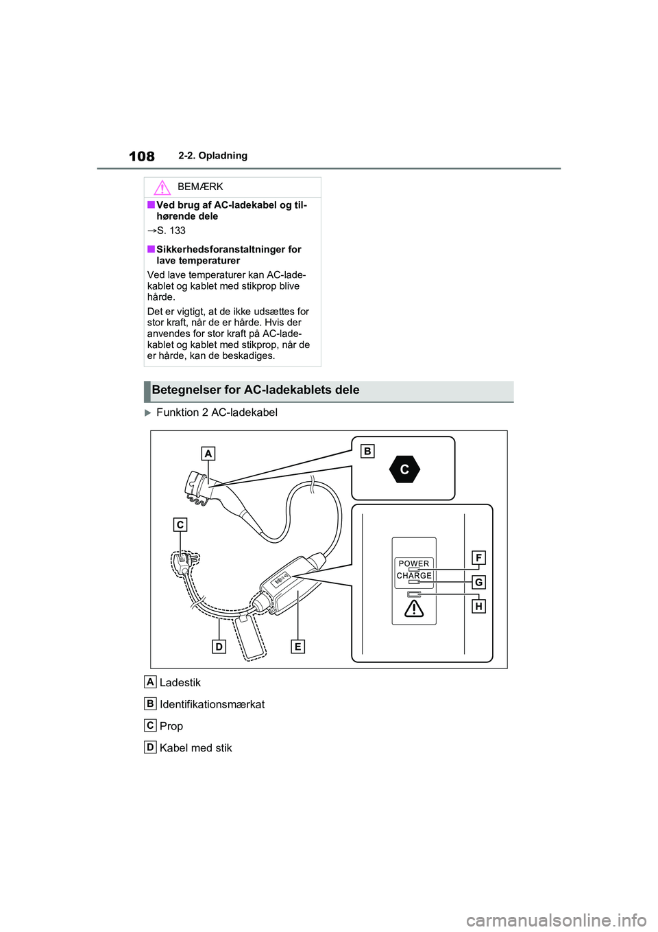 TOYOTA RAV4 PHEV 2021 Brugsanvisning (in Danish) 1082-2. Opladning
Funktion 2 AC-ladekabelLadestik
Identifikationsmærkat
Prop
Kabel med stik
BEMÆRK
nVed brug af AC-ladekabel og til-
hørende dele
S. 133
nSikkerhedsforanstaltninger for
lave TOYOTA RAV4 PHEV 2021 Brugsanvisning (in Danish) 1082-2. Opladning
Funktion 2 AC-ladekabelLadestik
Identifikationsmærkat
Prop
Kabel med stik
BEMÆRK
nVed brug af AC-ladekabel og til-
hørende dele
S. 133
nSikkerhedsforanstaltninger for
lave