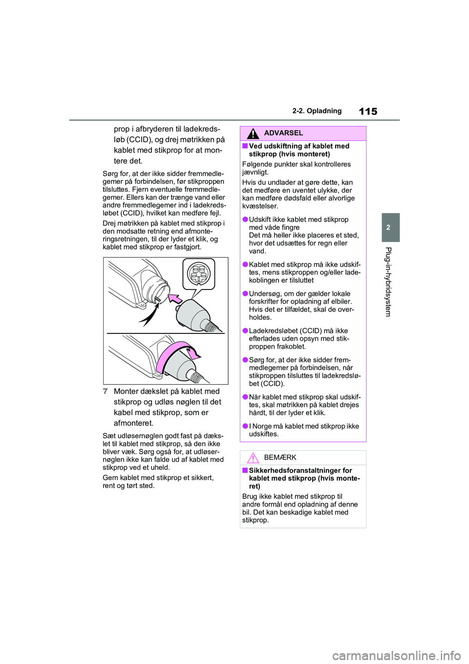 TOYOTA RAV4 PHEV 2021 Brugsanvisning (in Danish) 115
2
2-2. Opladning
Plug-in-hybridsystem
prop i afbryderen til ladekreds-
løb (CCID), og drej møtrikken på
kablet med stikprop for at mon-
tere det.
Sørg for, at der ikke sidder fremmedle-
gemer TOYOTA RAV4 PHEV 2021 Brugsanvisning (in Danish) 115
2
2-2. Opladning
Plug-in-hybridsystem
prop i afbryderen til ladekreds-
løb (CCID), og drej møtrikken på
kablet med stikprop for at mon-
tere det.
Sørg for, at der ikke sidder fremmedle-
gemer