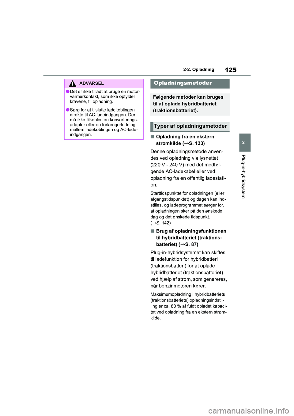 TOYOTA RAV4 PHEV 2021 Brugsanvisning (in Danish) 125
2
2-2. Opladning
Plug-in-hybridsystem
nOpladning fra en ekstern
strømkilde (
S. 133)
Denne opladningsmetode anven-
des ved opladning via lysnettet
(220 V - 240 V) med det medføl-
gende AC-l TOYOTA RAV4 PHEV 2021 Brugsanvisning (in Danish) 125
2
2-2. Opladning
Plug-in-hybridsystem
nOpladning fra en ekstern
strømkilde (
S. 133)
Denne opladningsmetode anven-
des ved opladning via lysnettet
(220 V - 240 V) med det medføl-
gende AC-l