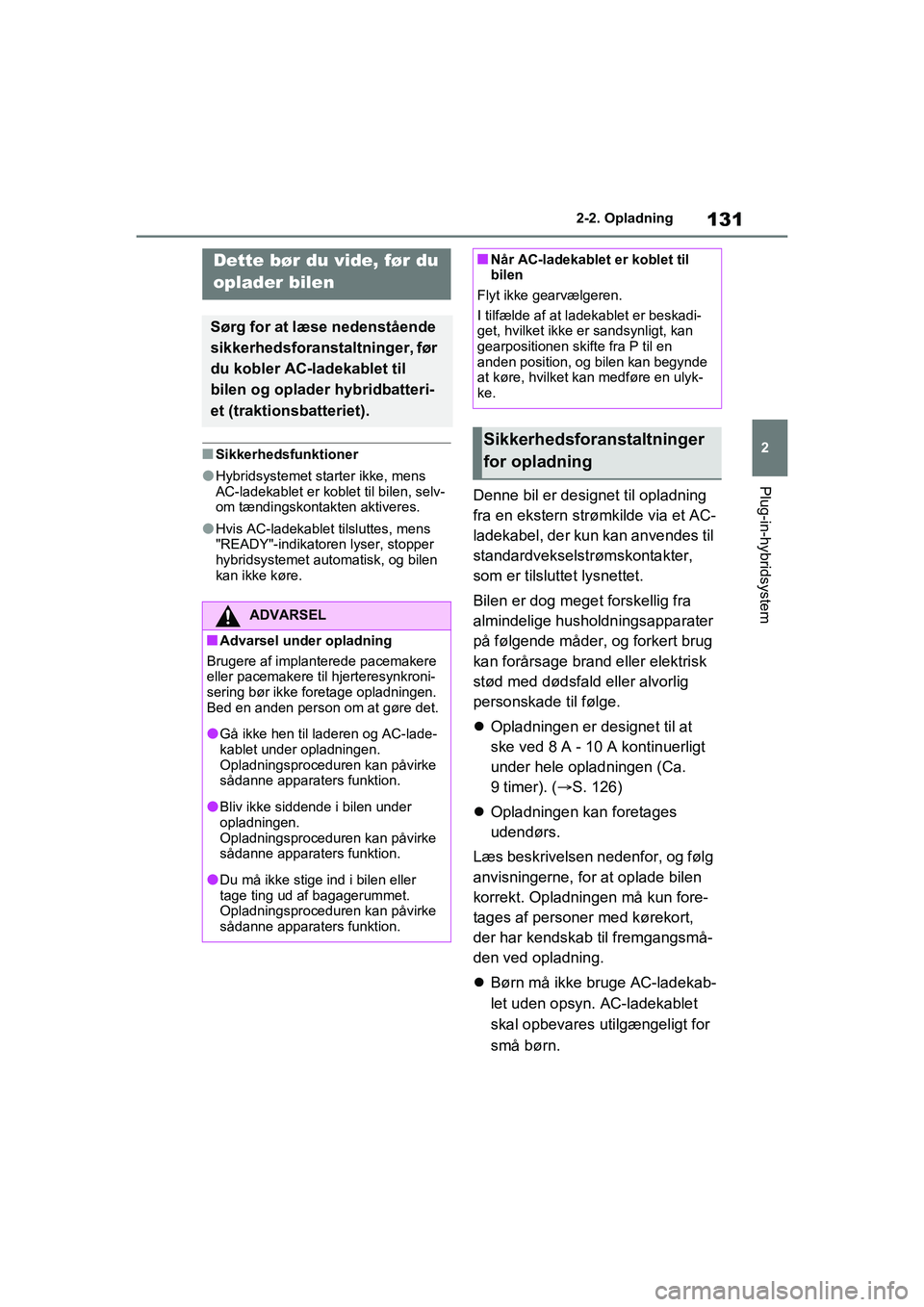 TOYOTA RAV4 PHEV 2021 Brugsanvisning (in Danish) 131
2
2-2. Opladning
Plug-in-hybridsystem
nSikkerhedsfunktioner
lHybridsystemet
starter ikke, mens
AC-ladekablet er koblet til bilen, selv-
om tændingskontakten aktiveres.
lHvis AC-ladekablet tilsl TOYOTA RAV4 PHEV 2021 Brugsanvisning (in Danish) 131
2
2-2. Opladning
Plug-in-hybridsystem
nSikkerhedsfunktioner
lHybridsystemet
starter ikke, mens
AC-ladekablet er koblet til bilen, selv-
om tændingskontakten aktiveres.
lHvis AC-ladekablet tilsl