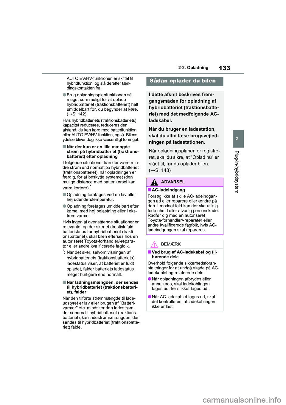 TOYOTA RAV4 PHEV 2021 Brugsanvisning (in Danish) 133
2
2-2. Opladning
Plug-in-hybridsystem
AUTO EV/HV-funktionen er skiftet til
hybridfunktion, og slå derefter tæn-
dingskontakten fra.
lBrug opladningsplanfunktionen så
meget som muligt for at o TOYOTA RAV4 PHEV 2021 Brugsanvisning (in Danish) 133
2
2-2. Opladning
Plug-in-hybridsystem
AUTO EV/HV-funktionen er skiftet til
hybridfunktion, og slå derefter tæn-
dingskontakten fra.
lBrug opladningsplanfunktionen så
meget som muligt for at o