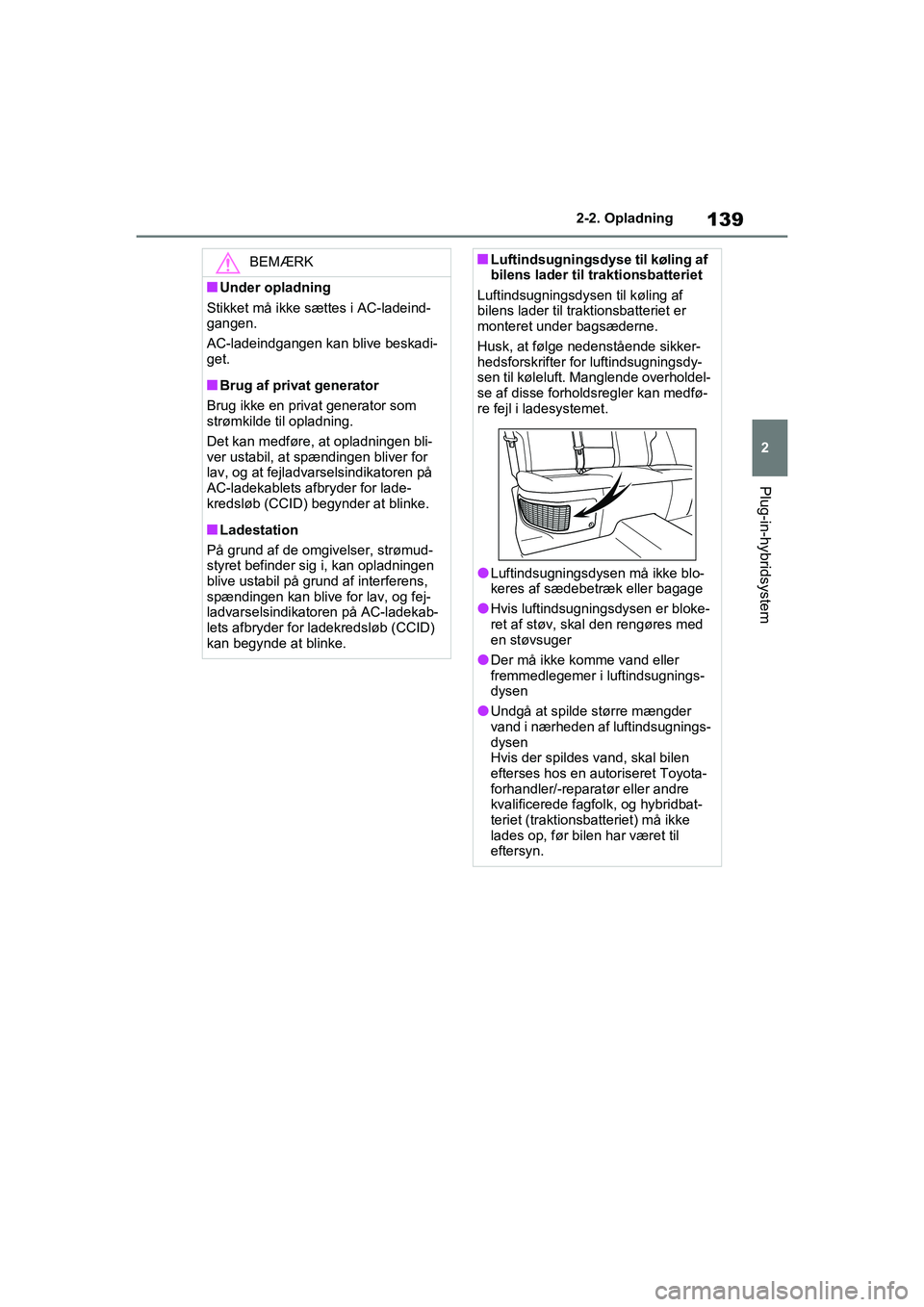 TOYOTA RAV4 PHEV 2021 Brugsanvisning (in Danish) 139
2
2-2. Opladning
Plug-in-hybridsystem
BEMÆRK
nUnder opladning
Stikket må ikke sættes i AC-ladeind-
gangen.
AC-ladeindgangen kan blive beskadi-
get.
nBrug af privat generator
Brug ikke en privat TOYOTA RAV4 PHEV 2021 Brugsanvisning (in Danish) 139
2
2-2. Opladning
Plug-in-hybridsystem
BEMÆRK
nUnder opladning
Stikket må ikke sættes i AC-ladeind-
gangen.
AC-ladeindgangen kan blive beskadi-
get.
nBrug af privat generator
Brug ikke en privat