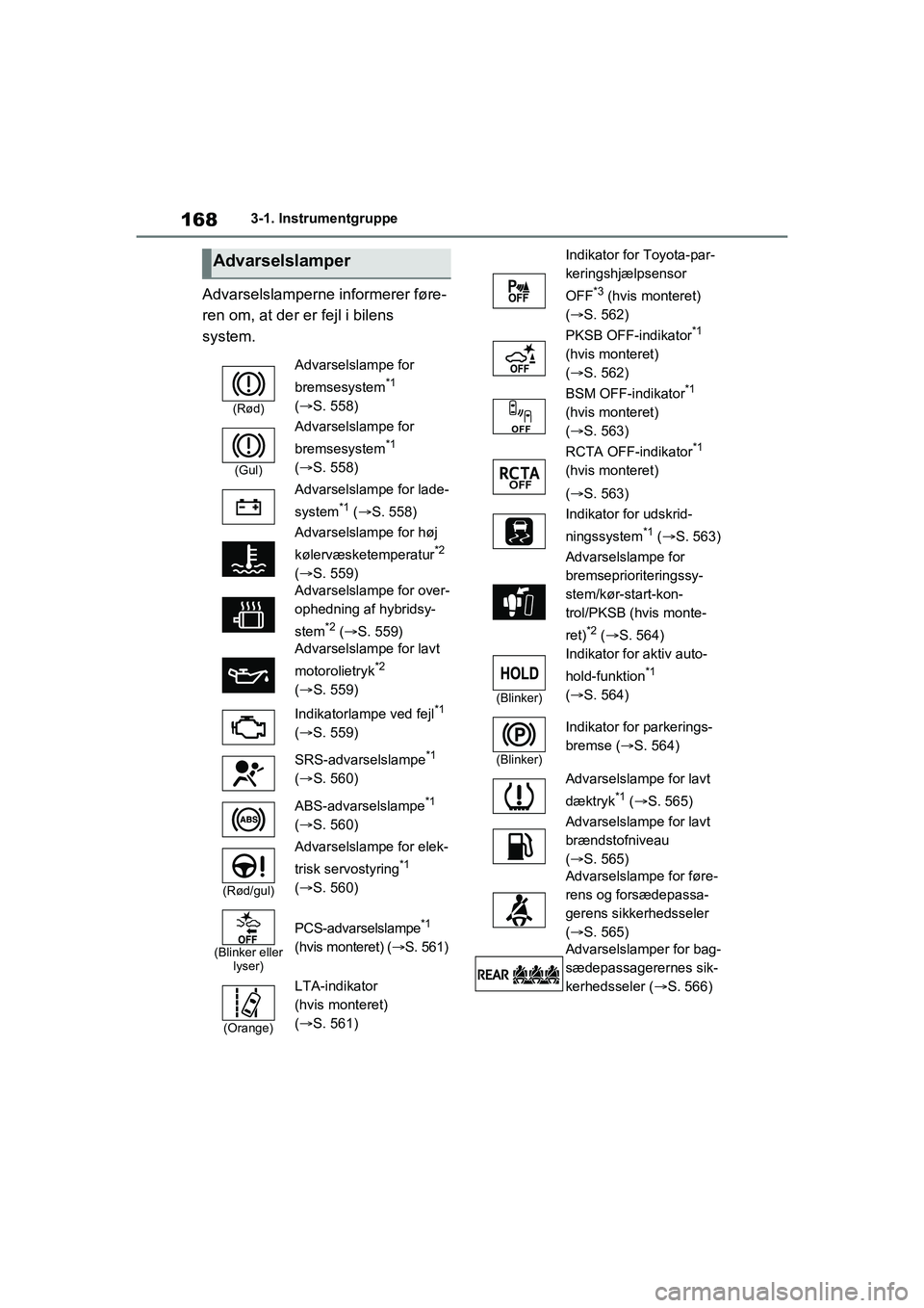 TOYOTA RAV4 PHEV 2021 Brugsanvisning (in Danish) 1683-1. Instrumentgruppe
Advarselslamperne informerer føre-
ren om, at der er fejl i bilens
system.
Advarselslamper
(Rød)
Advarselslampe for
bremsesystem
*1
(S. 558)
(Gul)
Advarselslampe for
TOYOTA RAV4 PHEV 2021 Brugsanvisning (in Danish) 1683-1. Instrumentgruppe
Advarselslamperne informerer føre-
ren om, at der er fejl i bilens
system.
Advarselslamper
(Rød)
Advarselslampe for
bremsesystem
*1
(S. 558)
(Gul)
Advarselslampe for