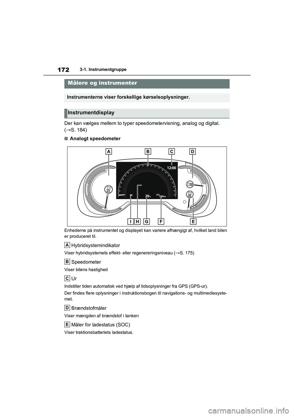 TOYOTA RAV4 PHEV 2021 Brugsanvisning (in Danish) 1723-1. Instrumentgruppe
Der kan vælges mellem to typer speedometervisning, analog og digital.
( S. 184)
nAnalogt speedometer
Enhederne på instrumentet og displayet kan variere afhængigt af, TOYOTA RAV4 PHEV 2021 Brugsanvisning (in Danish) 1723-1. Instrumentgruppe
Der kan vælges mellem to typer speedometervisning, analog og digital.
( S. 184)
nAnalogt speedometer
Enhederne på instrumentet og displayet kan variere afhængigt af,