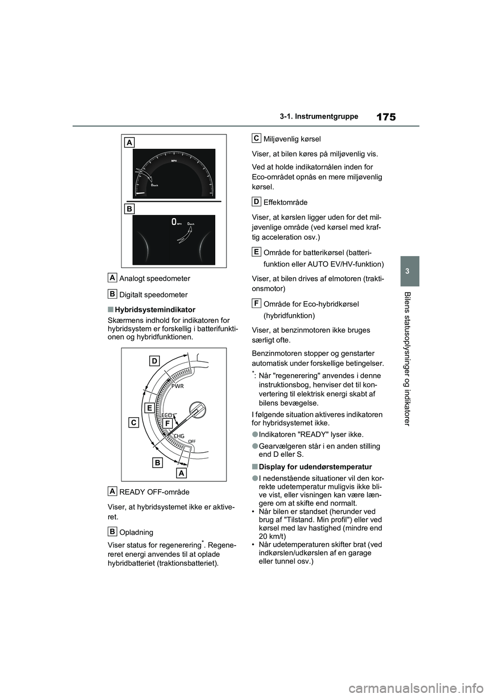 TOYOTA RAV4 PHEV 2021 Brugsanvisning (in Danish) 175
3
3-1. Instrumentgruppe
Bilens statusoplysninger og indikatorer
Analogt speedometer
Digitalt speedometer
nHybridsystemindikator
Skærmens indhold fo r indikatoren for
hybridsystem er forskellig i TOYOTA RAV4 PHEV 2021 Brugsanvisning (in Danish) 175
3
3-1. Instrumentgruppe
Bilens statusoplysninger og indikatorer
Analogt speedometer
Digitalt speedometer
nHybridsystemindikator
Skærmens indhold fo r indikatoren for
hybridsystem er forskellig i