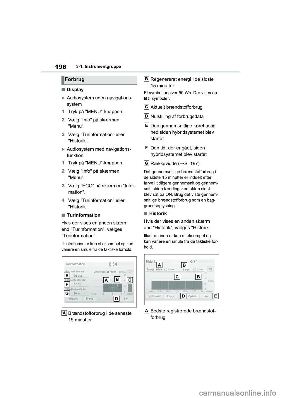 TOYOTA RAV4 PHEV 2021  Brugsanvisning (in Danish) 1963-1. Instrumentgruppe
nDisplay
Audiosystem uden navigations-
system
1 Tryk på "MENU"-knappen.
2 Vælg "Info" på skærmen 
"Menu".
3 Vælg "Turinformation" eller 
"Historik".
Audiosystem med