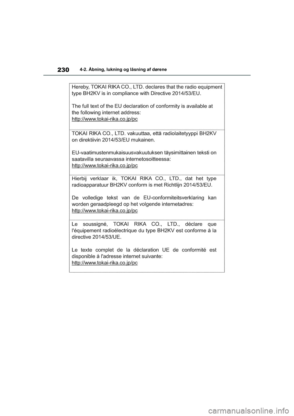 TOYOTA RAV4 PHEV 2021  Brugsanvisning (in Danish) 2304-2. Åbning, lukning og låsning af dørene
OM42E06DK.book  Page 230  Thursday, February 18, 2021  5:07 PM 