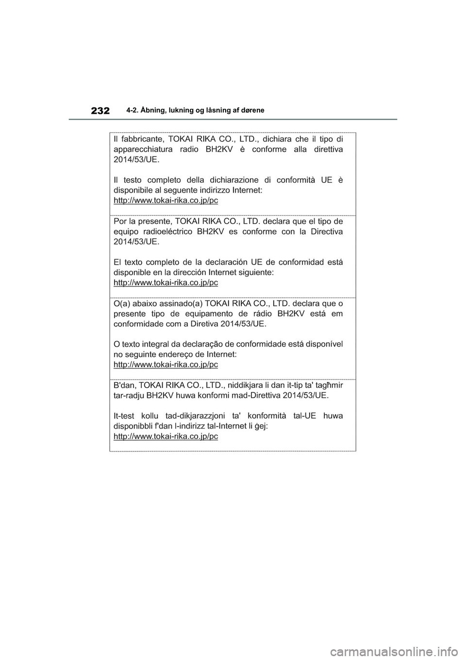 TOYOTA RAV4 PHEV 2021  Brugsanvisning (in Danish) 2324-2. Åbning, lukning og låsning af dørene
OM42E06DK.book  Page 232  Thursday, February 18, 2021  5:07 PM 