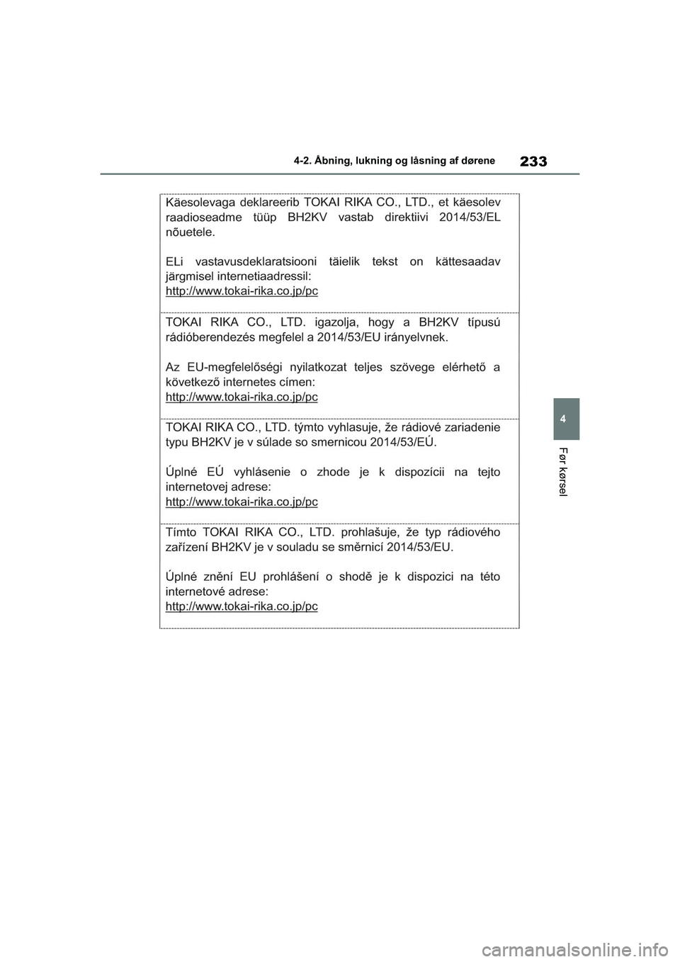 TOYOTA RAV4 PHEV 2021  Brugsanvisning (in Danish) 233
4
4-2. Åbning, lukning og låsning af dørene
Før kørsel
OM42E06DK.book  Page 233  Thursday, February 18, 2021  5:07 PM 