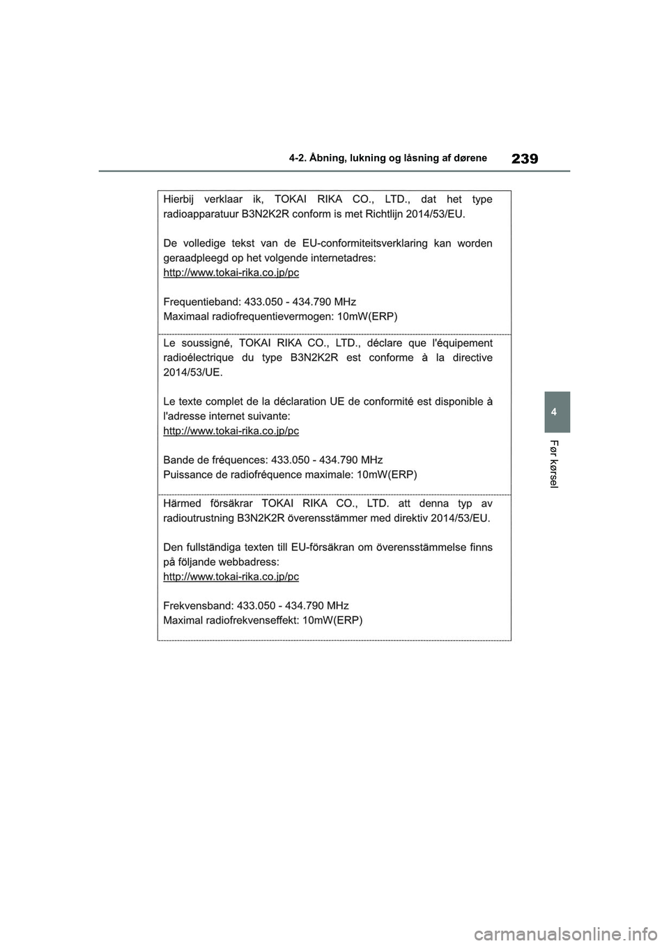 TOYOTA RAV4 PHEV 2021  Brugsanvisning (in Danish) 239
4
4-2. Åbning, lukning og låsning af dørene
Før kørsel
OM42E06DK.book  Page 239  Thursday, February 18, 2021  5:07 PM 