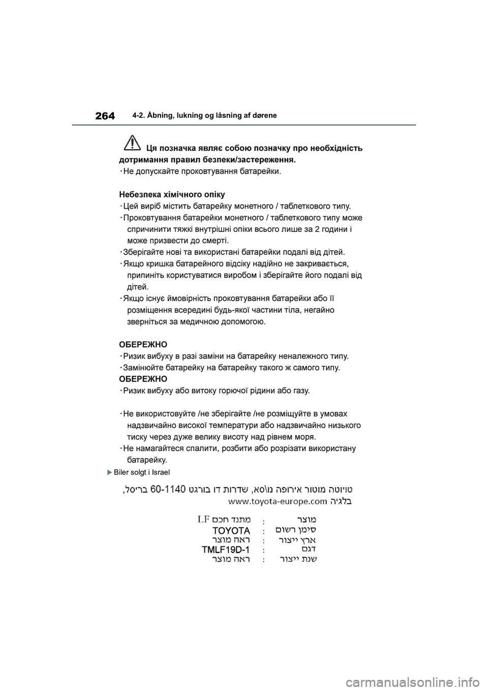 TOYOTA RAV4 PHEV 2021  Brugsanvisning (in Danish) 2644-2. Åbning, lukning og låsning af dørene
Biler solgt i Israel
OM42E06DK.book  Page 264  Thursday, February 18, 2021  5:07 PM 
