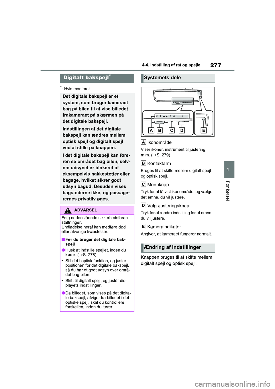 TOYOTA RAV4 PHEV 2021 Brugsanvisning (in Danish) 277
4
4-4. Indstilling af rat og spejle
Før kørsel
*: Hvis monteret
Ikonområde
Viser ikoner, instrument til justering
m.m. (
S. 279)
Kontaktarm
Bruges til at skifte mellem digitalt spejl
og op TOYOTA RAV4 PHEV 2021 Brugsanvisning (in Danish) 277
4
4-4. Indstilling af rat og spejle
Før kørsel
*: Hvis monteret
Ikonområde
Viser ikoner, instrument til justering
m.m. (
S. 279)
Kontaktarm
Bruges til at skifte mellem digitalt spejl
og op