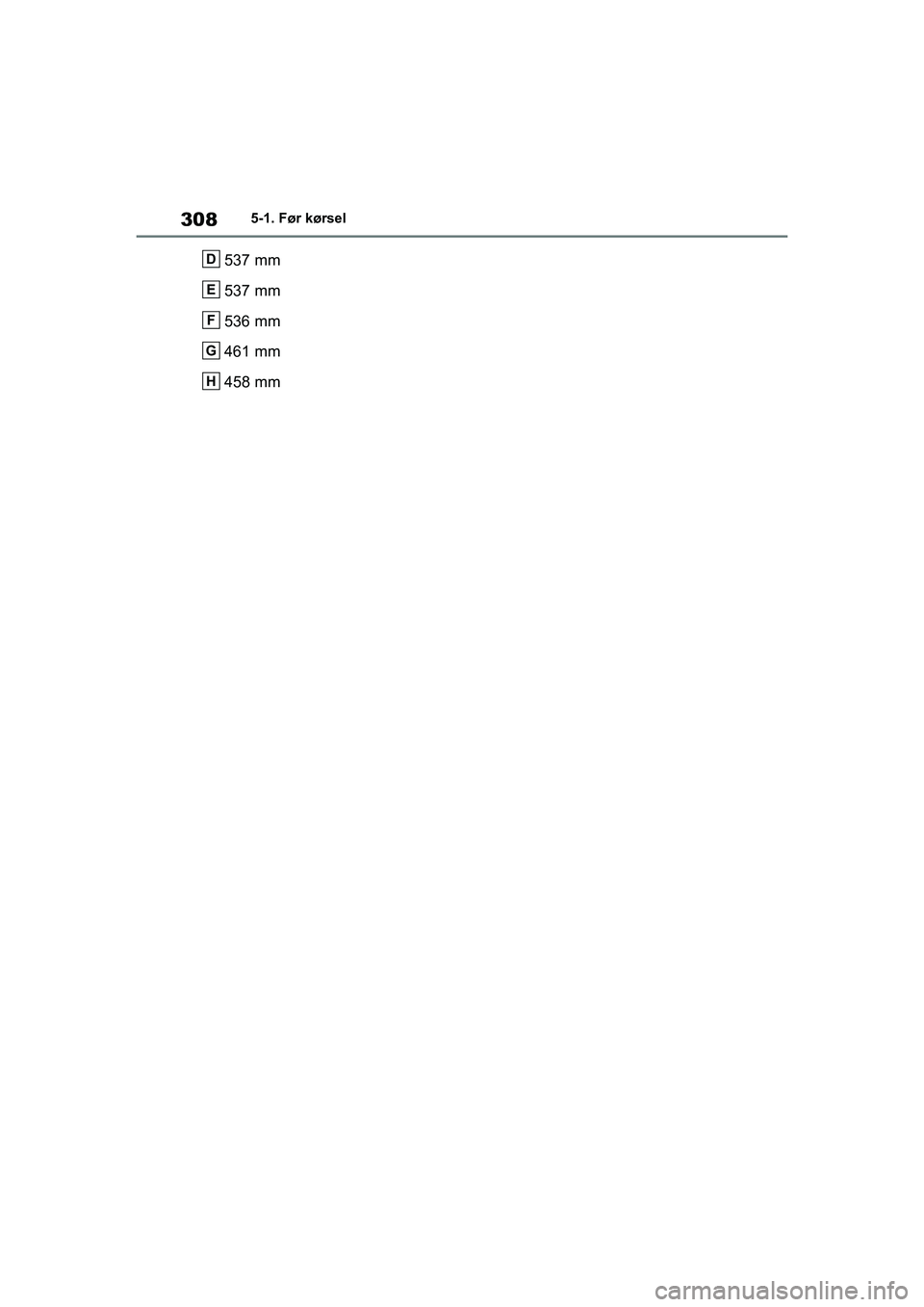 TOYOTA RAV4 PHEV 2021 Brugsanvisning (in Danish) 3085-1. Før kørsel
537 mm
537 mm
536 mm
461 mm
458 mmD
E
F
G
H
OM42E06DK.book Page 308 Thursday, February 18, 2021 5:07 PM TOYOTA RAV4 PHEV 2021 Brugsanvisning (in Danish) 3085-1. Før kørsel
537 mm
537 mm
536 mm
461 mm
458 mmD
E
F
G
H
OM42E06DK.book Page 308 Thursday, February 18, 2021 5:07 PM
