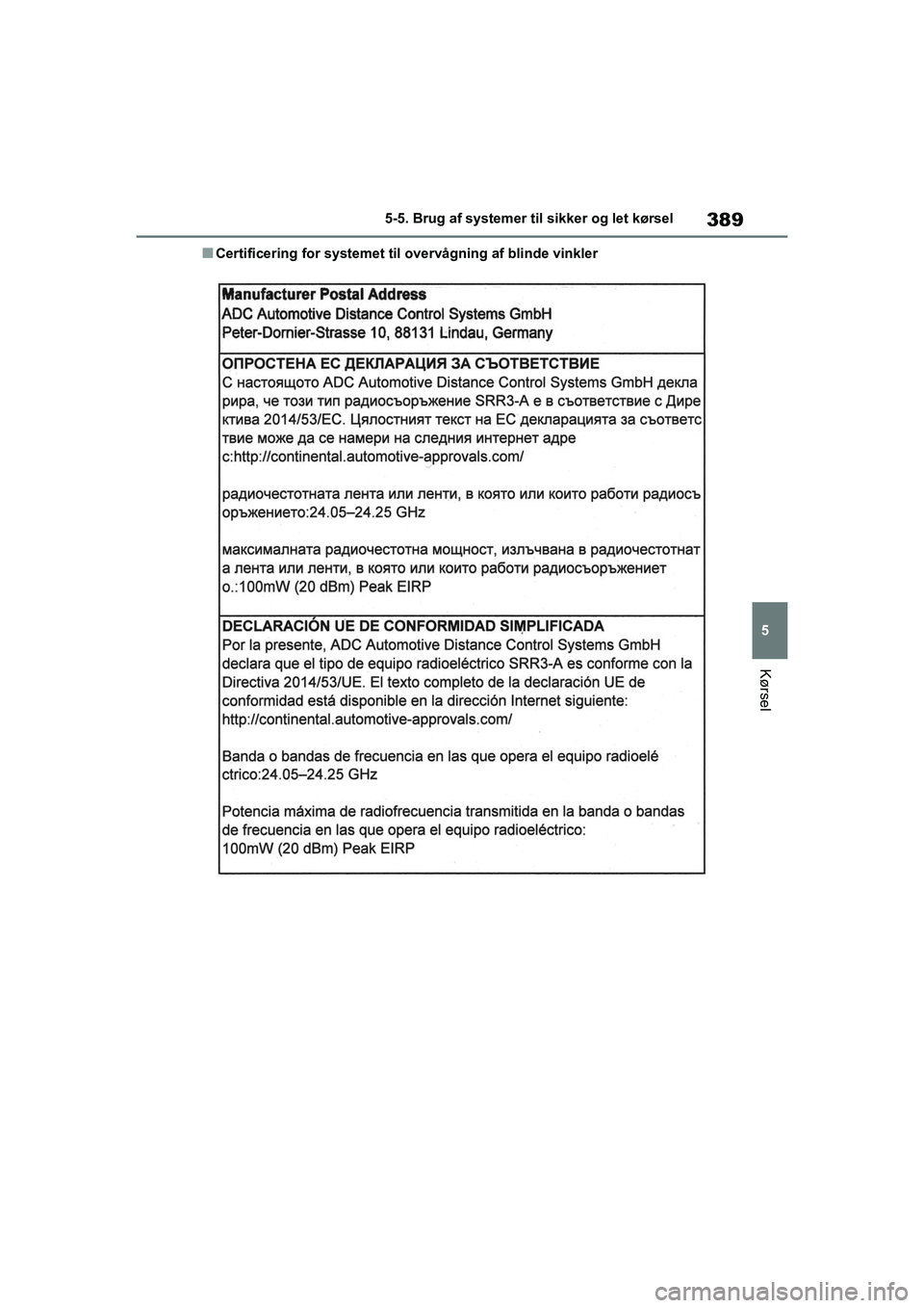TOYOTA RAV4 PHEV 2021  Brugsanvisning (in Danish) 389
5
5-5. Brug af systemer til sikker og let kørsel
Kørsel
nCertificering for systemet til 
overvågning af blinde vinkler
OM42E06DK.book  Page 389  Thursday, February 18, 2021  5:07 PM 