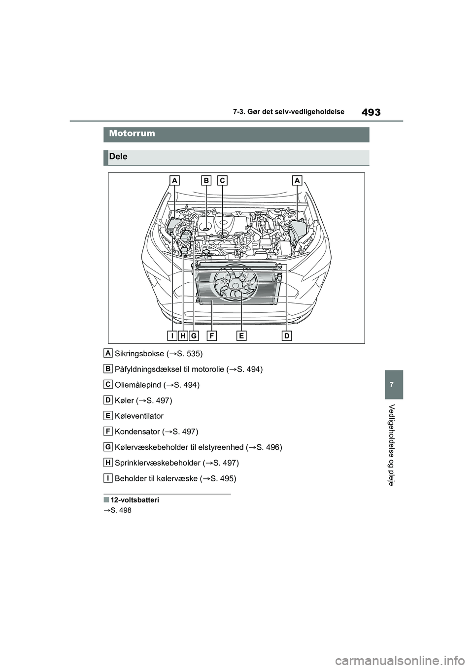 TOYOTA RAV4 PHEV 2021 Brugsanvisning (in Danish) 493
7
7-3. Gør det selv-vedligeholdelse
Vedligeholdelse og pleje
Sikringsbokse (
S. 535)
Påfyldningsdæksel til motorolie ( S. 494)
Oliemålepind ( S. 494)
Køler ( S. 497)
Køleventilat TOYOTA RAV4 PHEV 2021 Brugsanvisning (in Danish) 493
7
7-3. Gør det selv-vedligeholdelse
Vedligeholdelse og pleje
Sikringsbokse (
S. 535)
Påfyldningsdæksel til motorolie ( S. 494)
Oliemålepind ( S. 494)
Køler ( S. 497)
Køleventilat