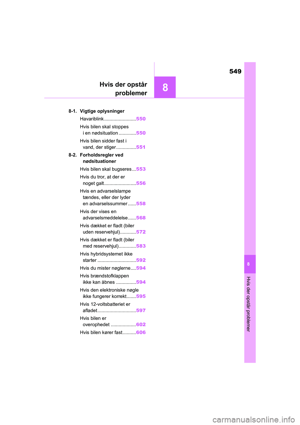 TOYOTA RAV4 PHEV 2021 Brugsanvisning (in Danish) 8
549
8
Hvis der opstår problemer
Hvis der opstårproblemer
8-1. Vigtige oplysninger
Havariblink ........................ 550
Hvis bilen skal stoppes i en nødsituation ............. 550
Hvis bilen TOYOTA RAV4 PHEV 2021 Brugsanvisning (in Danish) 8
549
8
Hvis der opstår problemer
Hvis der opstårproblemer
8-1. Vigtige oplysninger
Havariblink ........................ 550
Hvis bilen skal stoppes i en nødsituation ............. 550
Hvis bilen