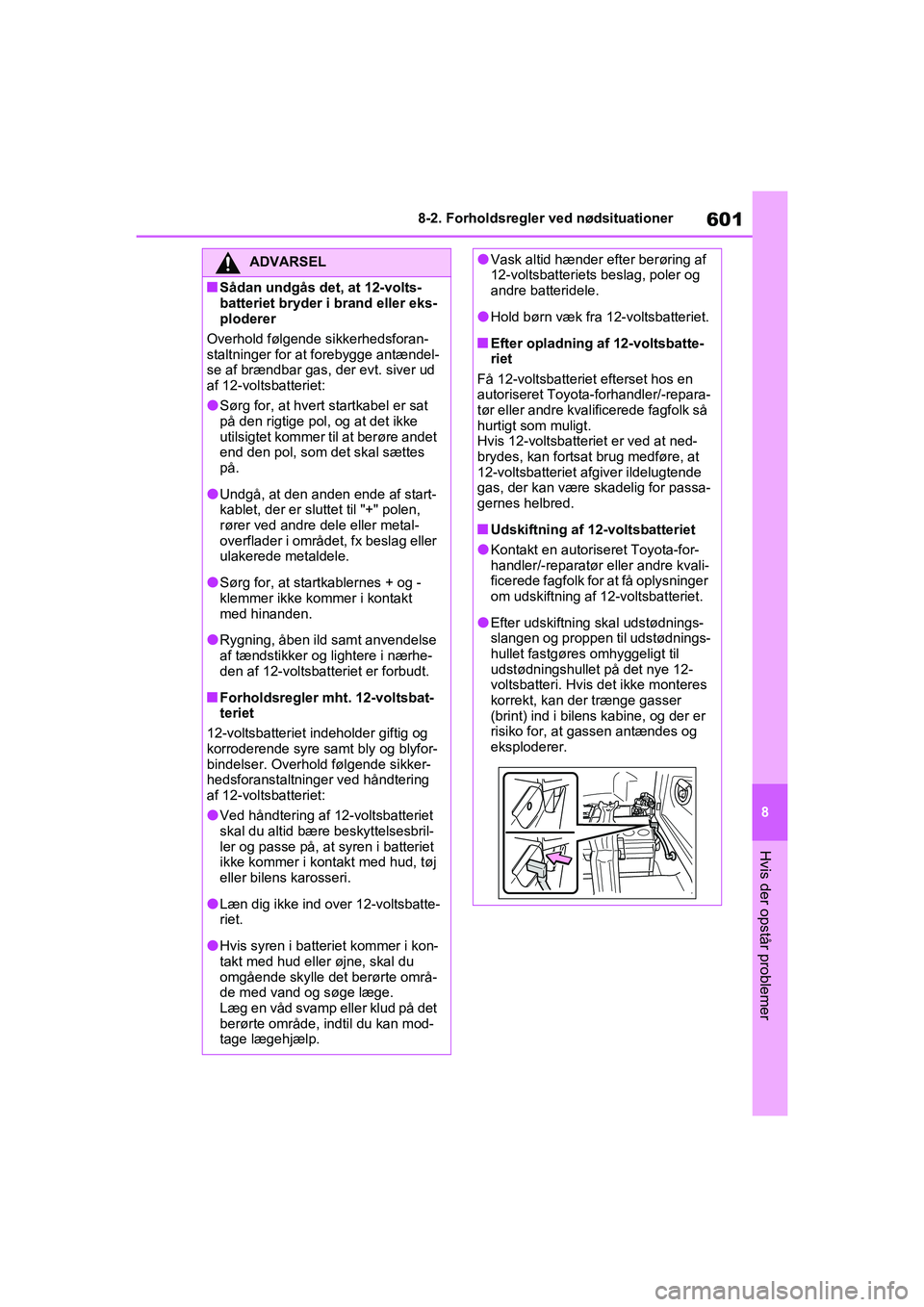 TOYOTA RAV4 PHEV 2021  Brugsanvisning (in Danish) 601
8
8-2. Forholdsregler ved nødsituationer
Hvis der opstår problemer
ADVARSEL
nSådan undgås det, at 12-volts-
batteriet bryder i brand eller eks-
ploderer
Overhold følgende sikkerhedsforan-
sta