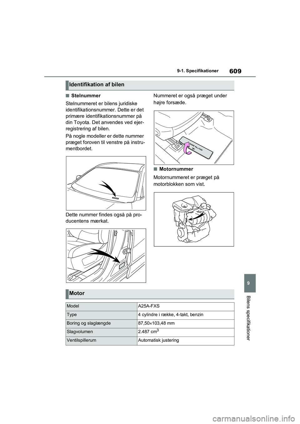 TOYOTA RAV4 PHEV 2021 Brugsanvisning (in Danish) 609
9
9-1. Specifikationer
Bilens specifikationer
nStelnummer
Stelnummeret er bilens juridiske
identifikationsnummer. Dette er det
primære identifikationsnummer på
din Toyota. Det anvendes ved ej TOYOTA RAV4 PHEV 2021 Brugsanvisning (in Danish) 609
9
9-1. Specifikationer
Bilens specifikationer
nStelnummer
Stelnummeret er bilens juridiske
identifikationsnummer. Dette er det
primære identifikationsnummer på
din Toyota. Det anvendes ved ej