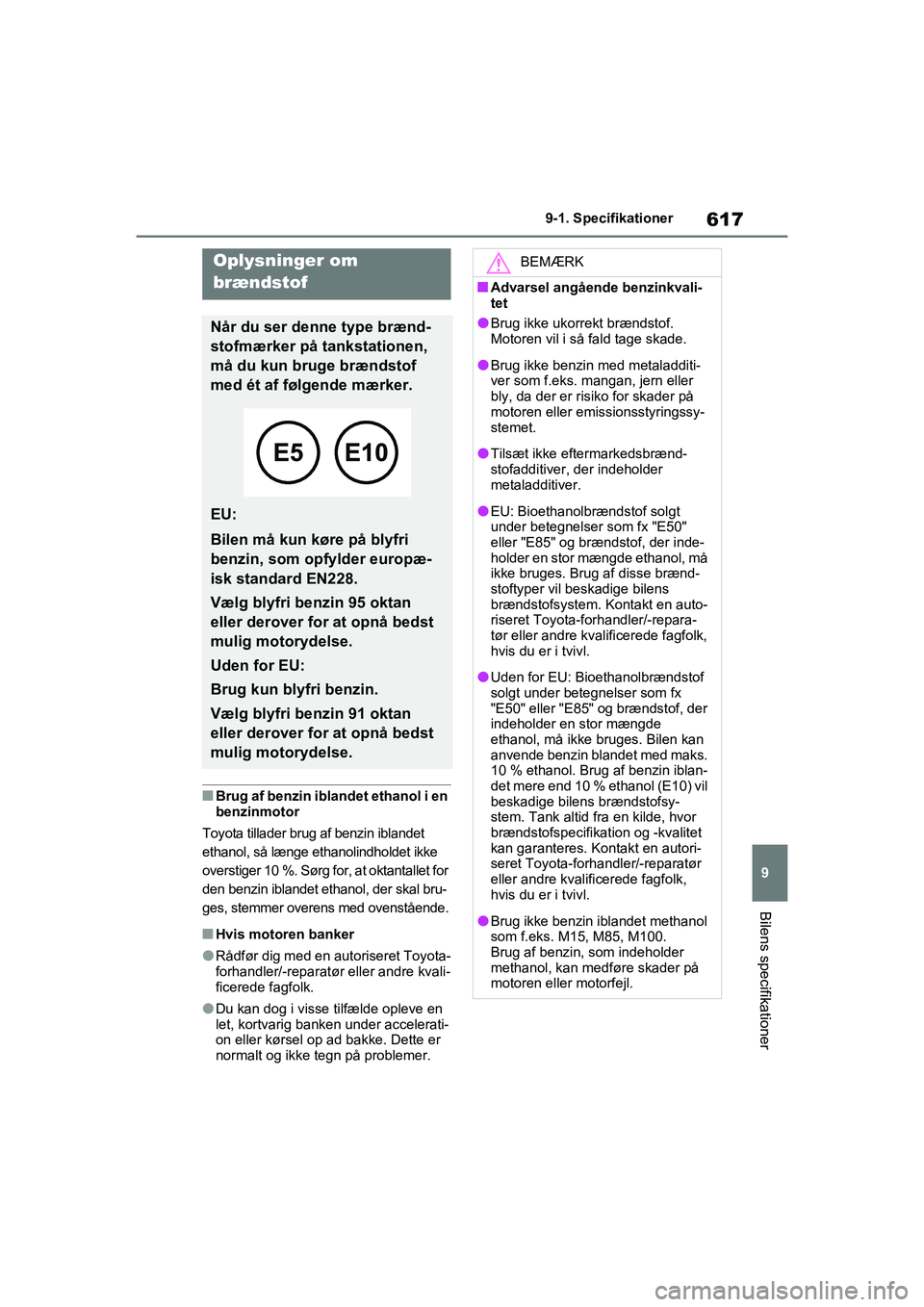 TOYOTA RAV4 PHEV 2021 Brugsanvisning (in Danish) 617
9
9-1. Specifikationer
Bilens specifikationer
nBrug af benzin iblandet ethanol i en
benzinmotor
Toyota tillader brug af benzin iblandet
ethanol, så længe ethanolindholdet ikke
overstiger 10 % TOYOTA RAV4 PHEV 2021 Brugsanvisning (in Danish) 617
9
9-1. Specifikationer
Bilens specifikationer
nBrug af benzin iblandet ethanol i en
benzinmotor
Toyota tillader brug af benzin iblandet
ethanol, så længe ethanolindholdet ikke
overstiger 10 %