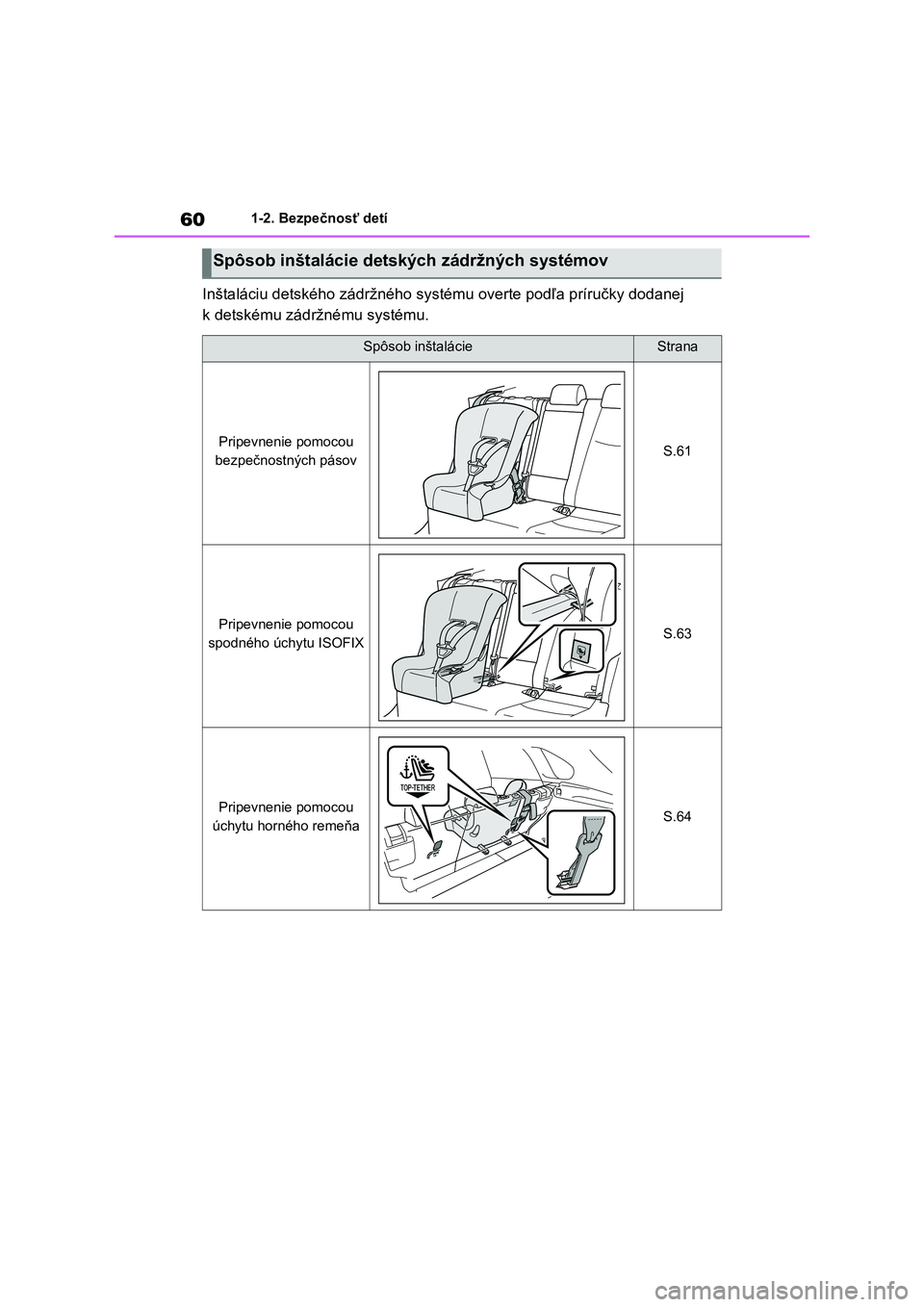 TOYOTA RAV4 PHEV 2021  Návod na použitie (in Slovakian) 601-2. Bezpečnosť detí
Inštaláciu detského zádržného systému overte podľa príručky dodanej  
k detskému zádržnému systému.
Spôsob inštalácie detských zádržných systémov
Spôs