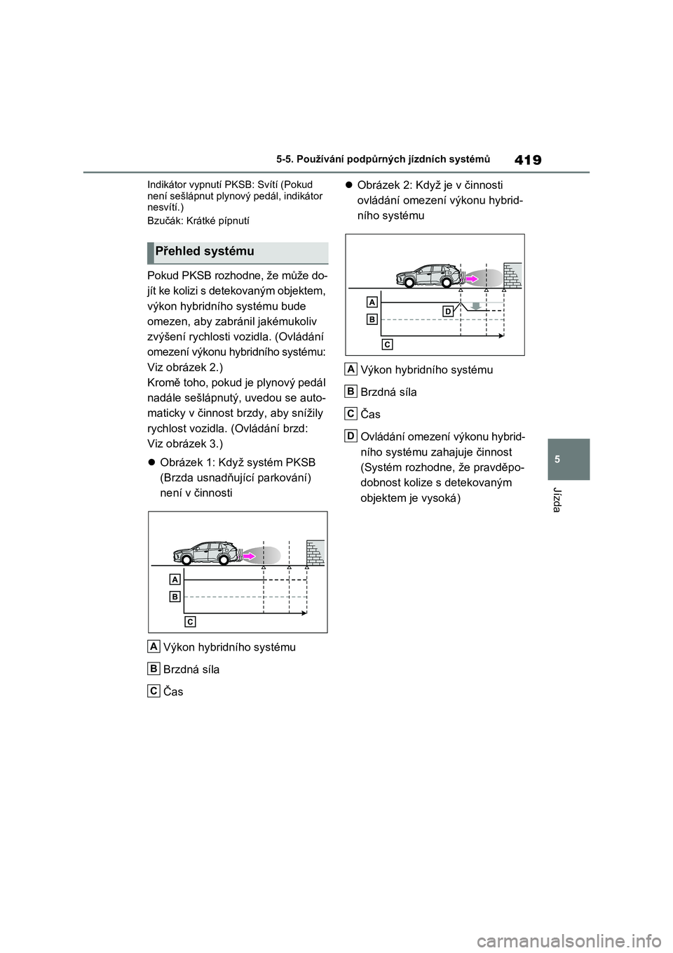 TOYOTA RAV4 PHEV 2021 Návod na použití (in Czech) 419
5
5-5. Používání podpůrných jízdních systémů
Jízda
Indikátor vypnutí PKSB: Svítí (Pokud
není sešlápnut plynový pedál, indikátor nesvítí.)
Bzučák: Krátké pípnutí
TOYOTA RAV4 PHEV 2021 Návod na použití (in Czech) 419
5
5-5. Používání podpůrných jízdních systémů
Jízda
Indikátor vypnutí PKSB: Svítí (Pokud
není sešlápnut plynový pedál, indikátor nesvítí.)
Bzučák: Krátké pípnutí