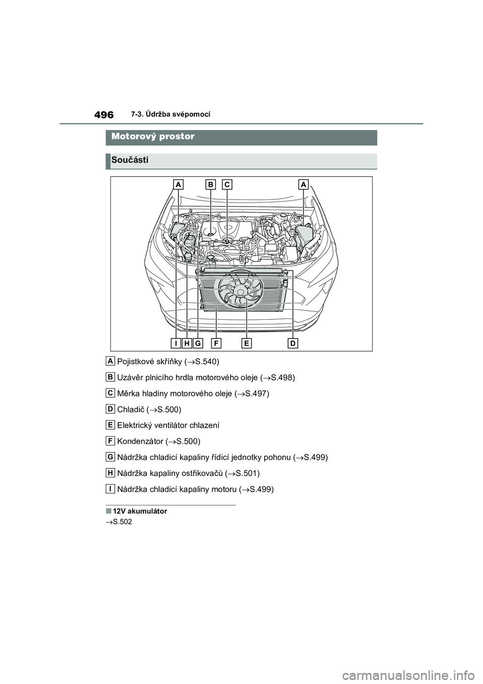TOYOTA RAV4 PHEV 2021  Návod na použití (in Czech) 4967-3. Údržba svépomocí
Pojistkové skříňky (S.540) 
Uzávěr plnicího hrdla motorového oleje ( S.498) 
Měrka hladiny motorového oleje ( S.497) 
Chladič ( S.500) 
Elektrický 
