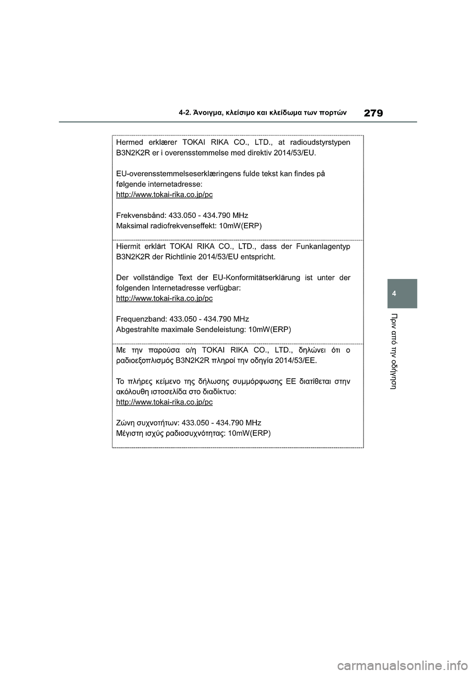 TOYOTA RAV4 PHEV 2021 ΟΔΗΓΌΣ ΧΡΉΣΗΣ (in Greek) 279
4 4-2. Άνοιγμα, κλείσιμο και κλείδωμα των πορτών
Πριν από την οδήγηση TOYOTA RAV4 PHEV 2021 ΟΔΗΓΌΣ ΧΡΉΣΗΣ (in Greek) 279
4 4-2. Άνοιγμα, κλείσιμο και κλείδωμα των πορτών
Πριν από την οδήγηση
