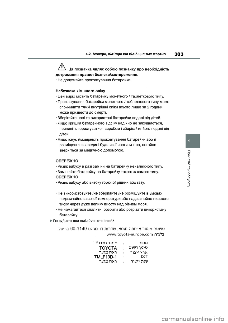 TOYOTA RAV4 PHEV 2021  ΟΔΗΓΌΣ ΧΡΉΣΗΣ (in Greek) 303
4 4-2. Άνοιγμα, κλείσιμο και κλείδωμα των πορτών
Πριν από την οδήγηση
Για οχήματα που πωλούνται στο Ισραήλ 