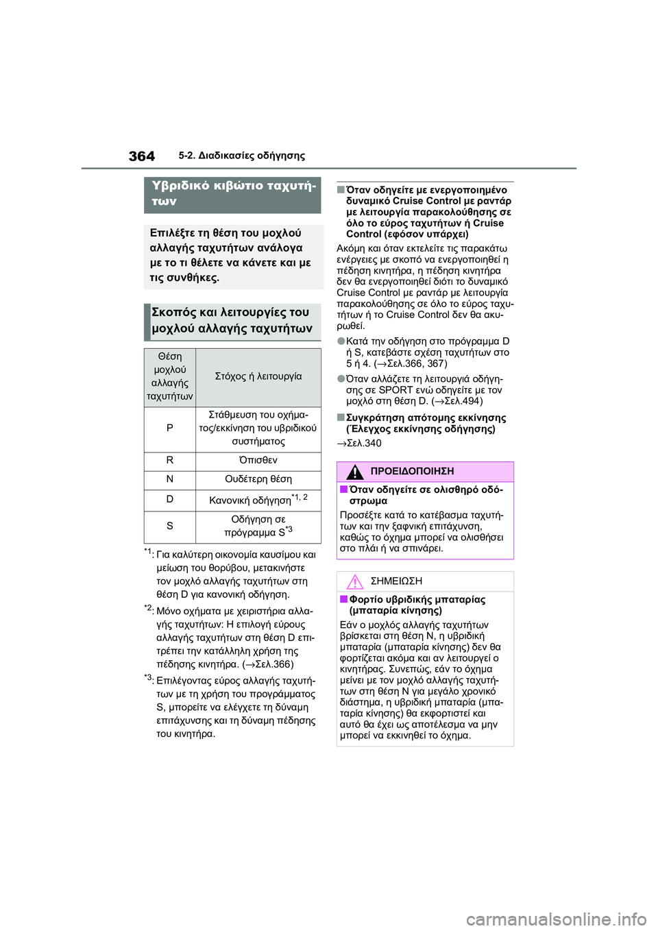 TOYOTA RAV4 PHEV 2021 ΟΔΗΓΌΣ ΧΡΉΣΗΣ (in Greek) 3645-2. Διαδικασίες οδήγησης
*1:Για καλύτερη οικονομία καυσίμου και
μείωση του θορύβου, μετακινήστε
τον μοχλό α TOYOTA RAV4 PHEV 2021 ΟΔΗΓΌΣ ΧΡΉΣΗΣ (in Greek) 3645-2. Διαδικασίες οδήγησης
*1:Για καλύτερη οικονομία καυσίμου και
μείωση του θορύβου, μετακινήστε
τον μοχλό α