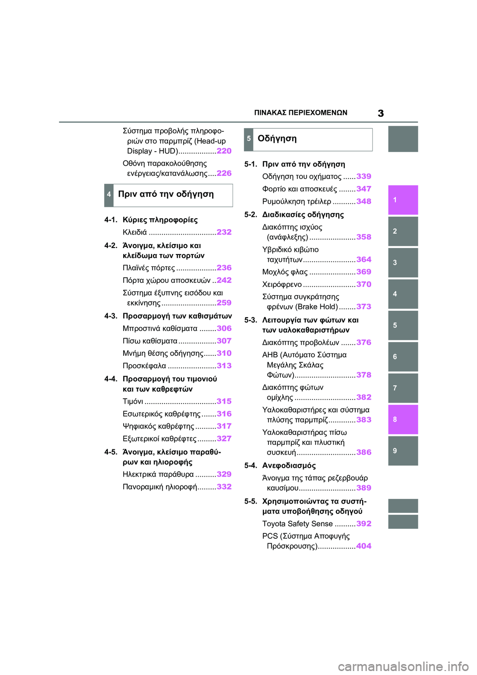 TOYOTA RAV4 PHEV 2021  ΟΔΗΓΌΣ ΧΡΉΣΗΣ (in Greek) 3ΠΙΝΑΚΑΣ ΠΕΡΙΕΧΟΜΕΝΩΝ
1
6 5
4
3
2
8
7
9
Σύστημα προβολής πληροφο-
ριών στο παρμπρίζ (Head-up 
Display - HUD)..................220
Οθόνη π�