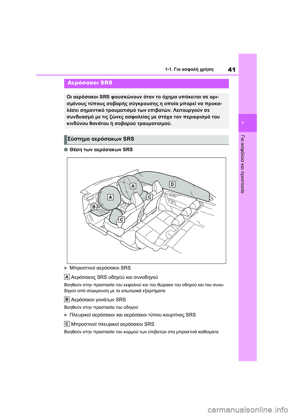 TOYOTA RAV4 PHEV 2021 ΟΔΗΓΌΣ ΧΡΉΣΗΣ (in Greek) 41
1 1-1. Για ασφαλή χρήση
Για ασφάλεια και προστασία
■Θέση των αερόσακων SRS
Μπροστινοί αερόσακοι SRS
Αερόσακος S TOYOTA RAV4 PHEV 2021 ΟΔΗΓΌΣ ΧΡΉΣΗΣ (in Greek) 41
1 1-1. Για ασφαλή χρήση
Για ασφάλεια και προστασία
■Θέση των αερόσακων SRS
Μπροστινοί αερόσακοι SRS
Αερόσακος S
