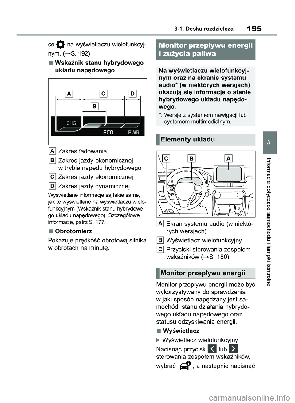 TOYOTA RAV4 PHEV 2021  Instrukcja obsługi (in Polish) ce  na wyÊwietlaczu wielofunkcyj-
nym. (
S. 192)
Wskaênik stanu hybrydowego
uk∏adu nap´dowego
Zakres ∏adowania
Zakres jazdy ekonomicznej
w trybie nap´du hybrydowego
Zakres jazdy ekonomicznej
