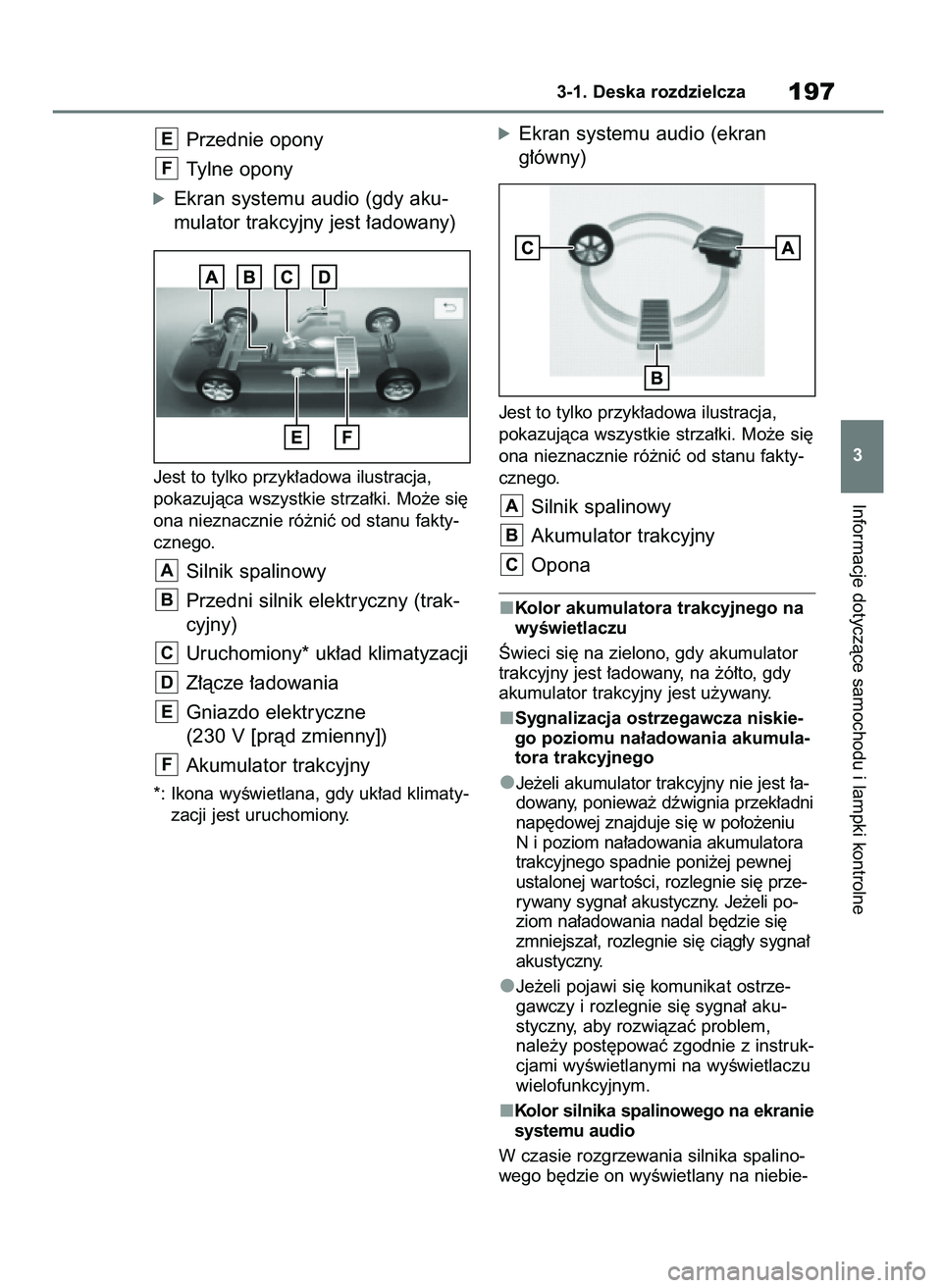 TOYOTA RAV4 PHEV 2021  Instrukcja obsługi (in Polish) Przednie opony
Tylne opony
óEkran systemu audio (gdy aku-
mulator trakcyjny jest ∏adowany)
Jest to tylko przyk∏adowa ilustracja,
pokazujàca wszystkie strza∏ki. Mo˝e si´
ona nieznacznie ró˝