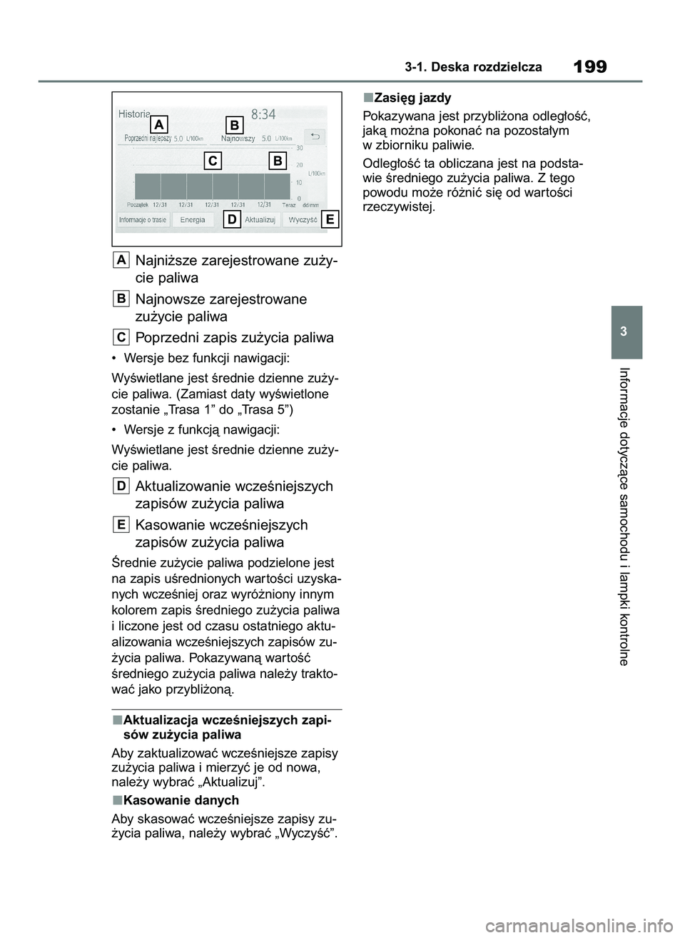 TOYOTA RAV4 PHEV 2021  Instrukcja obsługi (in Polish) Najni˝sze zarejestrowane zu˝y-
cie paliwa
Najnowsze zarejestrowane 
zu˝ycie paliwa
Poprzedni zapis zu˝ycia paliwa
•  Wersje bez funkcji nawigacji:
WyÊwietlane jest Êrednie dzienne zu˝y-
cie p