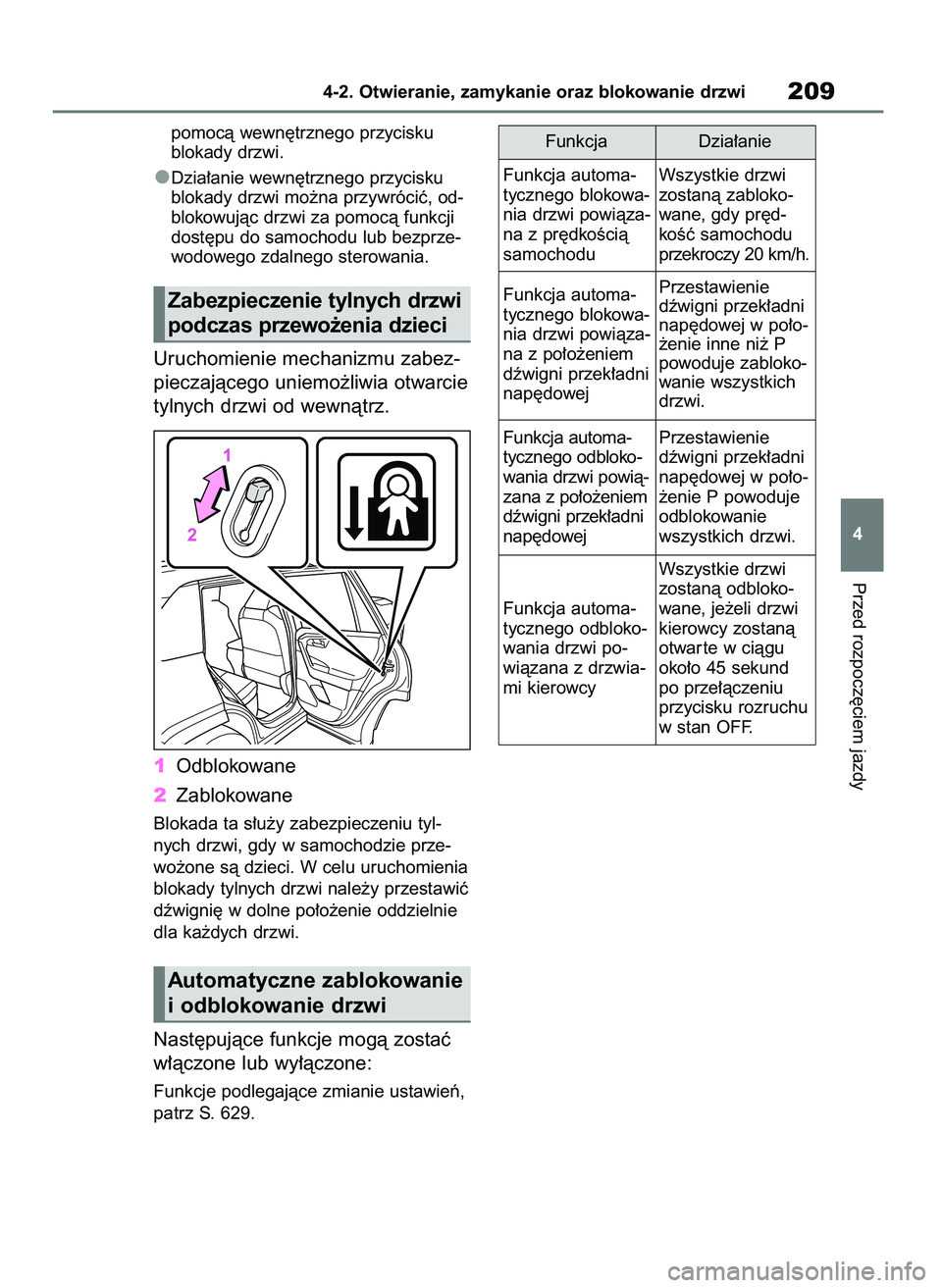TOYOTA RAV4 PHEV 2021 Instrukcja obsługi (in Polish) pomocà wewn´trznego przycisku
blokady drzwi.
Dzia∏anie wewn´trznego przycisku
blokady drzwi mo˝na przywróciç, od-
blokowujàc drzwi za pomocà funkcji
dost´pu do samochodu lub bezprze-
wodow TOYOTA RAV4 PHEV 2021 Instrukcja obsługi (in Polish) pomocà wewn´trznego przycisku
blokady drzwi.
Dzia∏anie wewn´trznego przycisku
blokady drzwi mo˝na przywróciç, od-
blokowujàc drzwi za pomocà funkcji
dost´pu do samochodu lub bezprze-
wodow