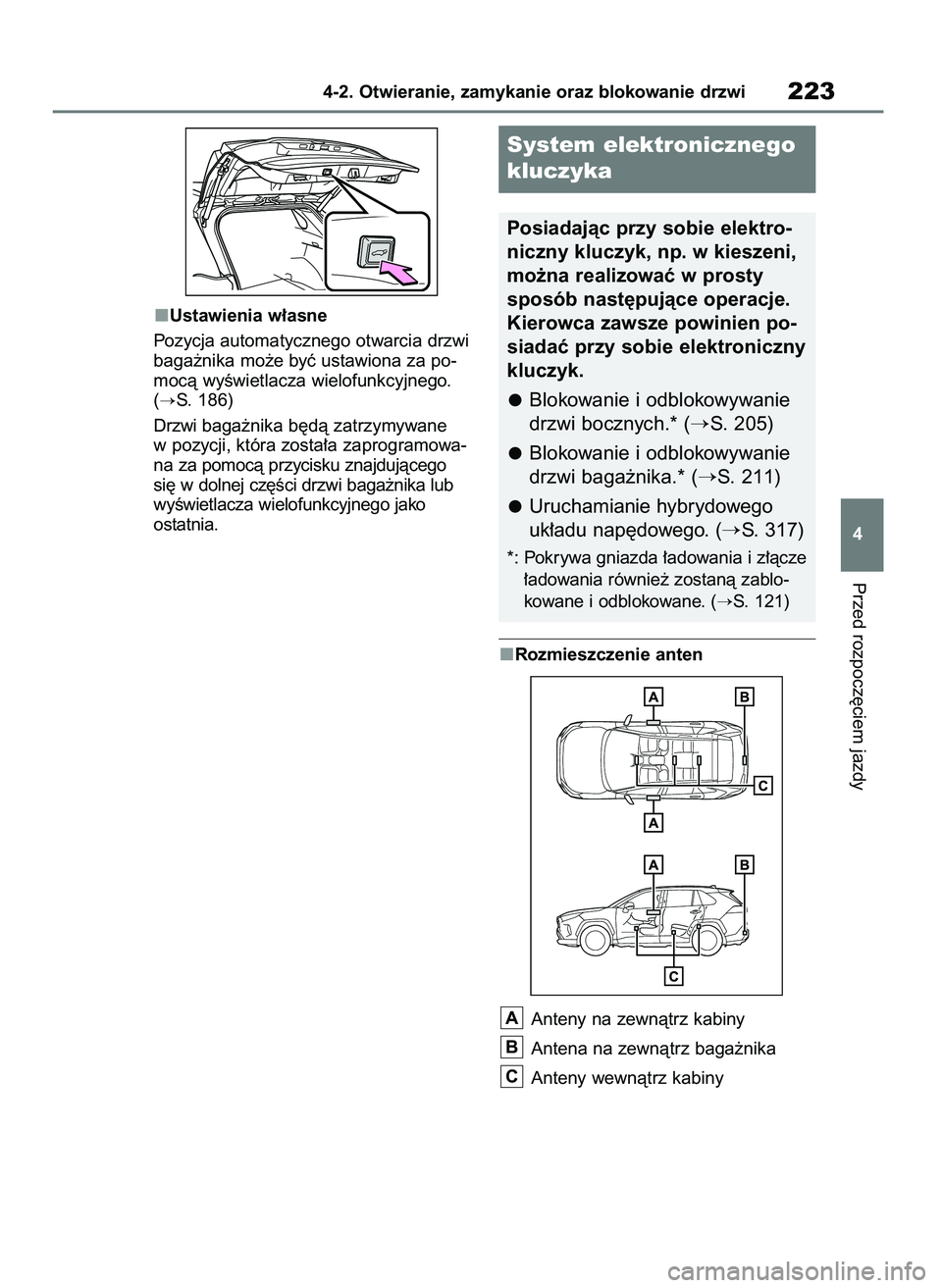 TOYOTA RAV4 PHEV 2021  Instrukcja obsługi (in Polish) Ustawienia w∏asne
Pozycja automatycznego otwarcia drzwi
baga˝nika mo˝e byç ustawiona za po-
mocà wyÊwietlacza wielofunkcyjnego.
(
S. 186)
Drzwi baga˝nika b´dà zatrzymywane
w pozycji, która