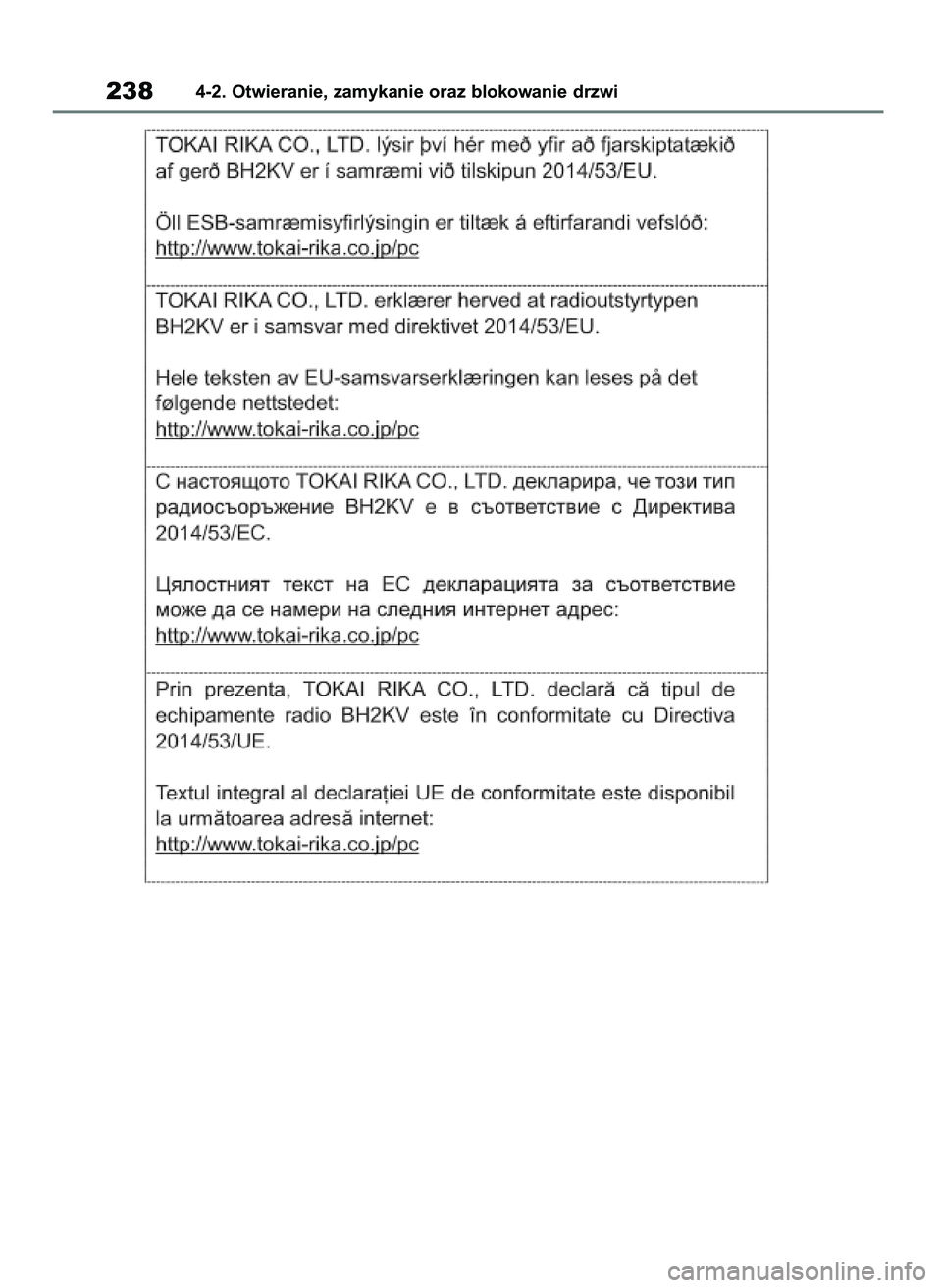 TOYOTA RAV4 PHEV 2021 Instrukcja obsługi (in Polish) 2384-2. Otwieranie, zamykanie oraz blokowanie drzwi
7 RAV4 Plug In HV OM42E06E 11/3/21 14:53 Page 238 TOYOTA RAV4 PHEV 2021 Instrukcja obsługi (in Polish) 2384-2. Otwieranie, zamykanie oraz blokowanie drzwi
7 RAV4 Plug In HV OM42E06E 11/3/21 14:53 Page 238