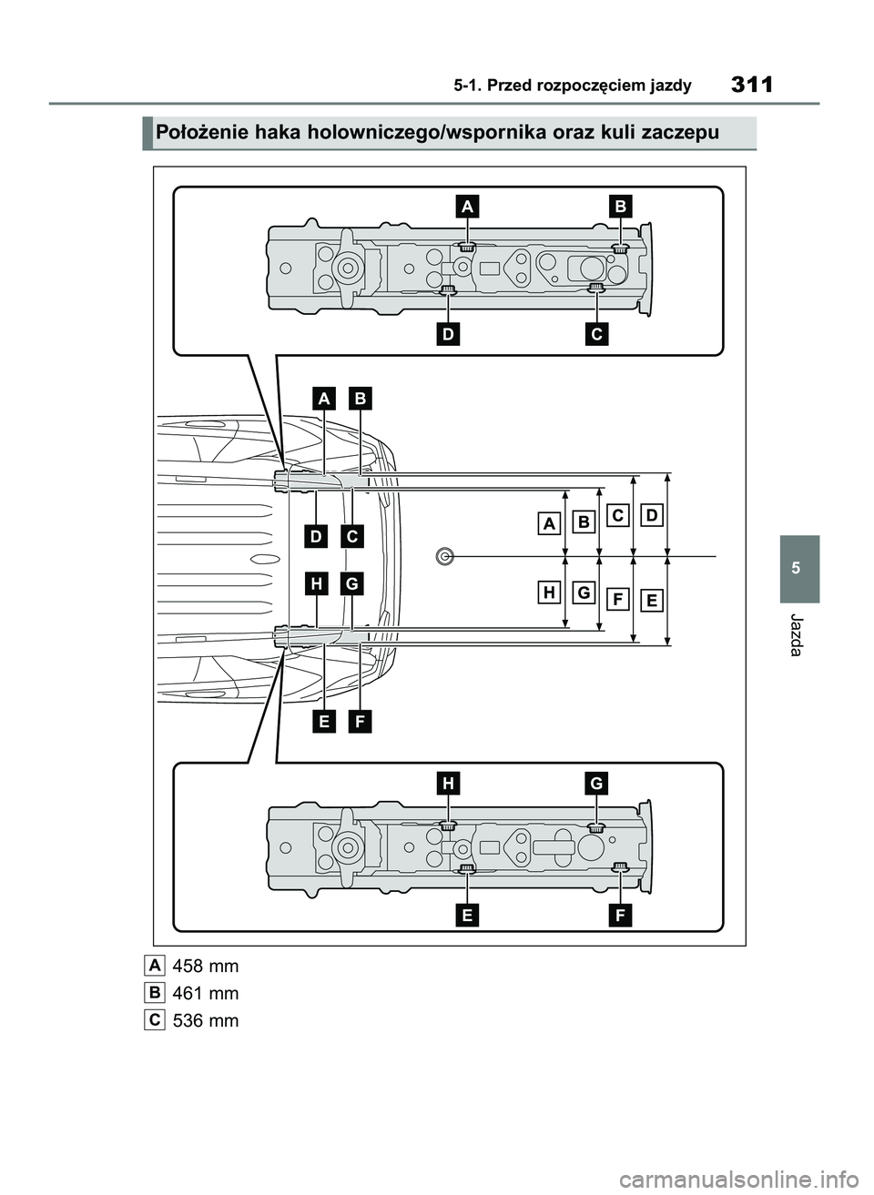 TOYOTA RAV4 PHEV 2021  Instrukcja obsługi (in Polish) 458 mm
461 mm
536 mm
C
B
A
Jazda
5-1. Przed rozpocz´ciem jazdy311
5
Po∏o˝enie haka holowniczego/wspornika oraz kuli zaczepu
7 RAV4 Plug In HV OM42E06E  11/3/21  14:54  Page 311 