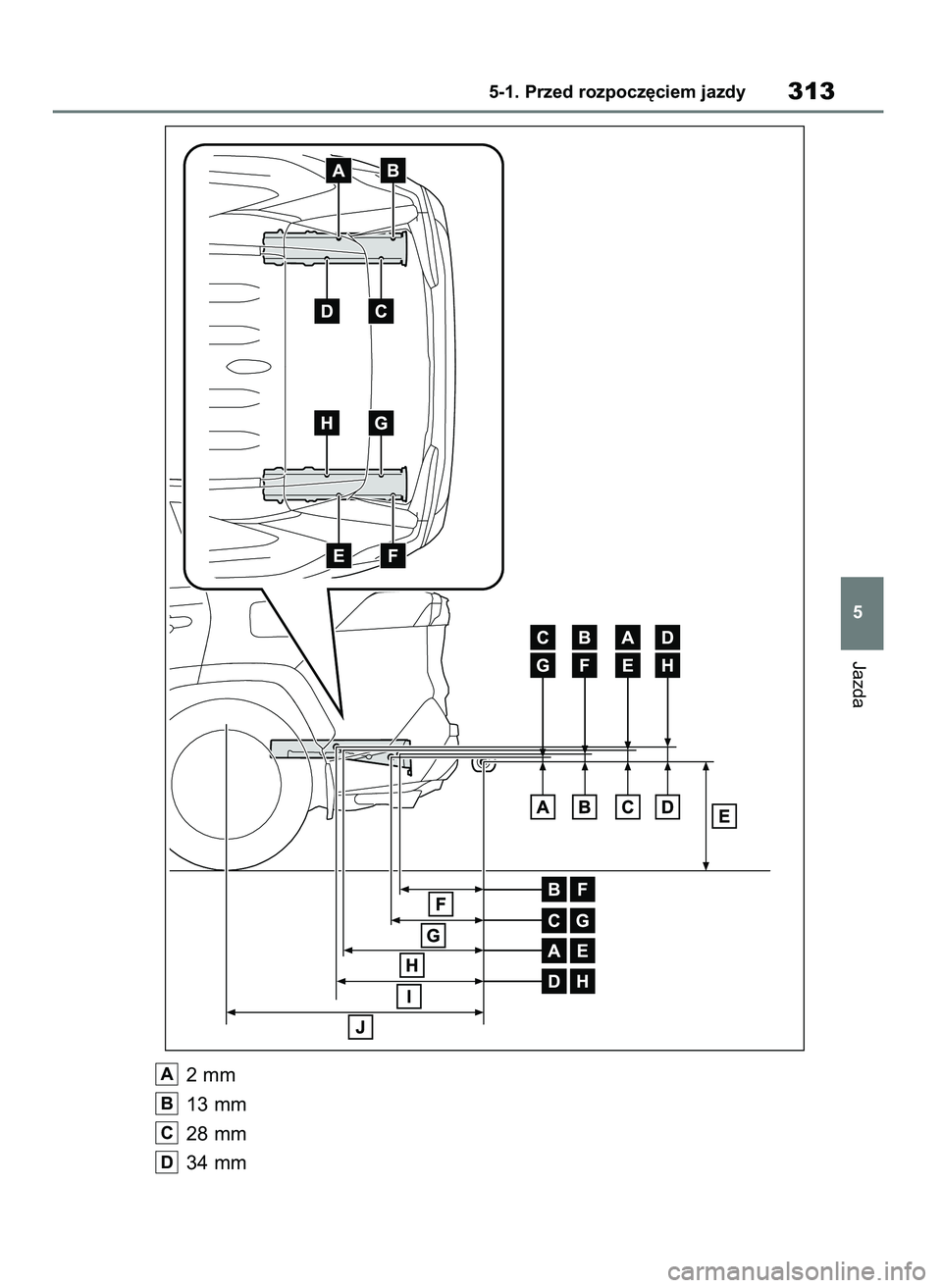 TOYOTA RAV4 PHEV 2021  Instrukcja obsługi (in Polish) 2 mm
13 mm
28 mm
34 mm
D
C
B
A
Jazda
5-1. Przed rozpocz´ciem jazdy313
5
7 RAV4 Plug In HV OM42E06E  11/3/21  14:54  Page 313 