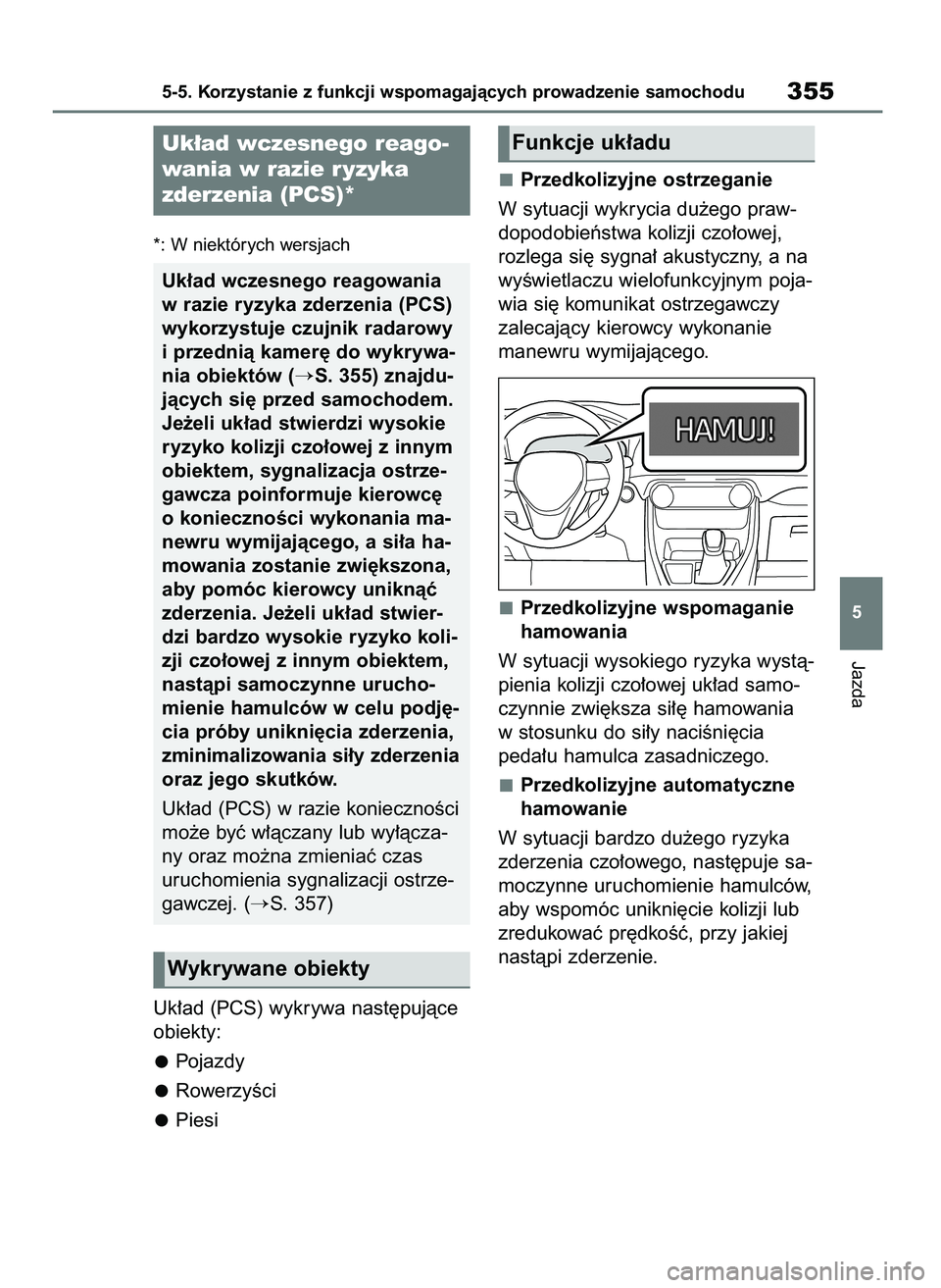 TOYOTA RAV4 PHEV 2021  Instrukcja obsługi (in Polish) *: W niektórych wersjach
Uk∏ad (PCS) wykrywa nast´pujàce
obiekty:
Pojazdy
RowerzyÊci
PiesiPrzedkolizyjne ostrzeganie
W sytuacji wykrycia du˝ego praw-
dopodobieƒstwa kolizji czo∏owej,
rozlega