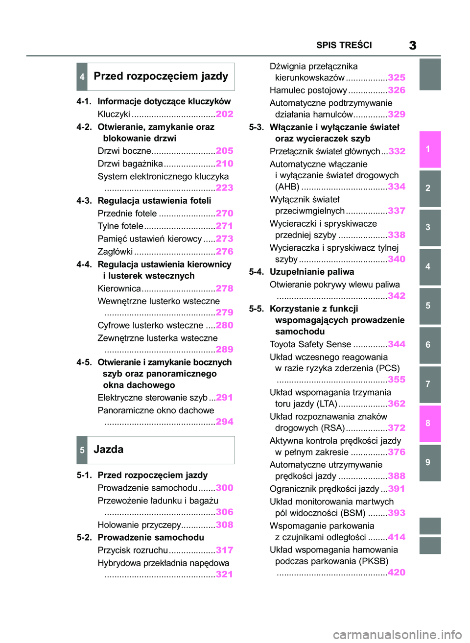 TOYOTA RAV4 PHEV 2021 Instrukcja obsługi (in Polish) 4-1. Informacje dotyczàce kluczyków
Kluczyki ..................................202
4-2. Otwieranie, zamykanie oraz
blokowanie drzwi
Drzwi boczne..........................205
Drzwi baga˝nika ...... TOYOTA RAV4 PHEV 2021 Instrukcja obsługi (in Polish) 4-1. Informacje dotyczàce kluczyków
Kluczyki ..................................202
4-2. Otwieranie, zamykanie oraz
blokowanie drzwi
Drzwi boczne..........................205
Drzwi baga˝nika ......