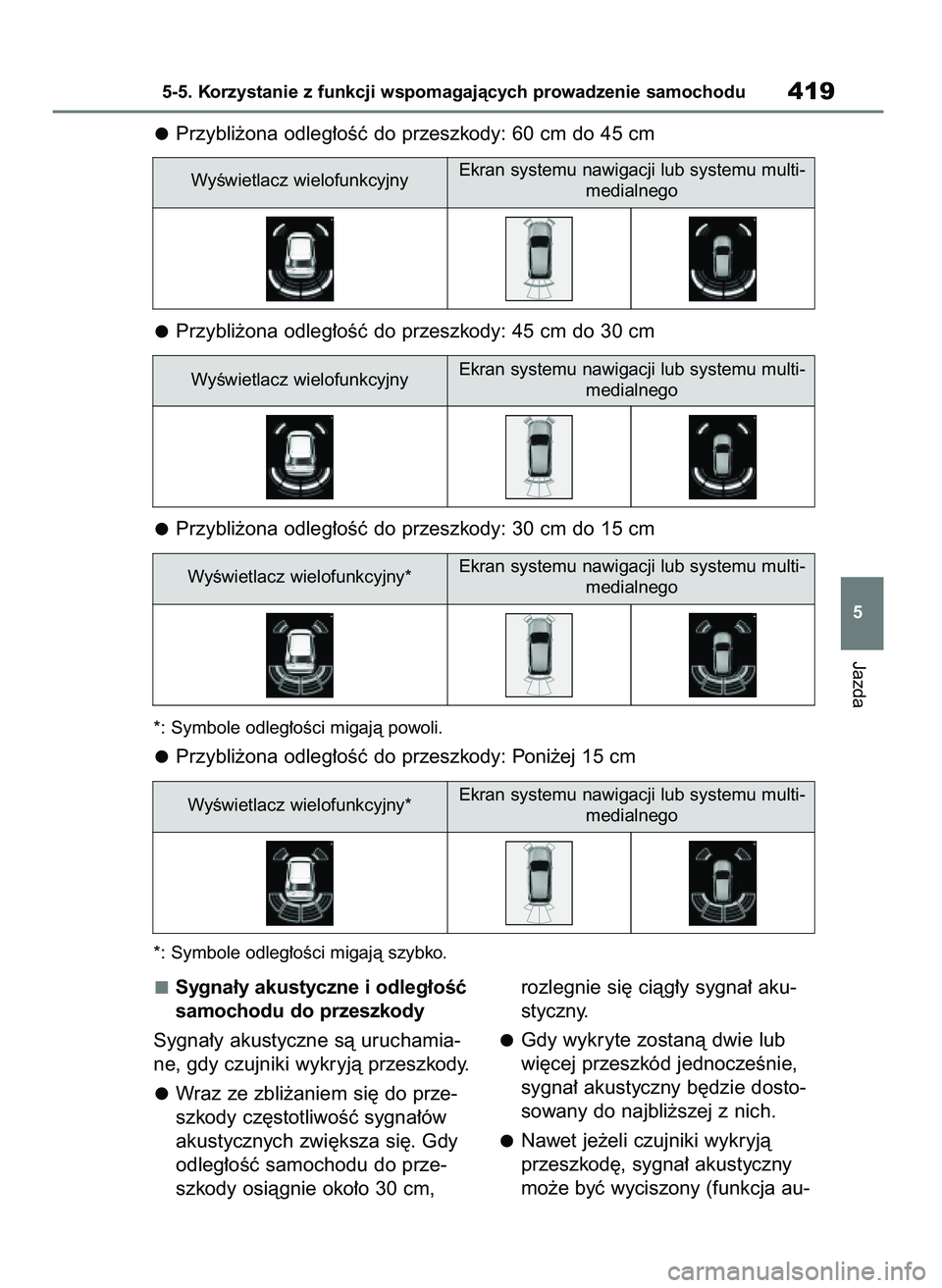 TOYOTA RAV4 PHEV 2021 Instrukcja obsługi (in Polish) Sygna∏y akustyczne i odleg∏oÊç
samochodu do przeszkody
Sygna∏y akustyczne sà uruchamia-
ne, gdy czujniki wykryjà przeszkody.
Wraz ze zbli˝aniem si´ do prze-
szkody cz´stotliwoÊç sygna TOYOTA RAV4 PHEV 2021 Instrukcja obsługi (in Polish) Sygna∏y akustyczne i odleg∏oÊç
samochodu do przeszkody
Sygna∏y akustyczne sà uruchamia-
ne, gdy czujniki wykryjà przeszkody.
Wraz ze zbli˝aniem si´ do prze-
szkody cz´stotliwoÊç sygna