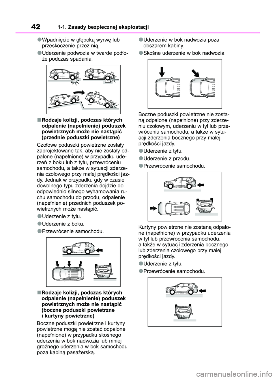 TOYOTA RAV4 PHEV 2021 Instrukcja obsługi (in Polish) Wpadni´cie w g∏´bokà wyrw´ lub
przeskoczenie przez nià.
Uderzenie podwozia w twarde pod∏o-
˝e podczas spadania.
Rodzaje kolizji, podczas których
odpalenie (nape∏nienie) poduszek
powietrzn TOYOTA RAV4 PHEV 2021 Instrukcja obsługi (in Polish) Wpadni´cie w g∏´bokà wyrw´ lub
przeskoczenie przez nià.
Uderzenie podwozia w twarde pod∏o-
˝e podczas spadania.
Rodzaje kolizji, podczas których
odpalenie (nape∏nienie) poduszek
powietrzn