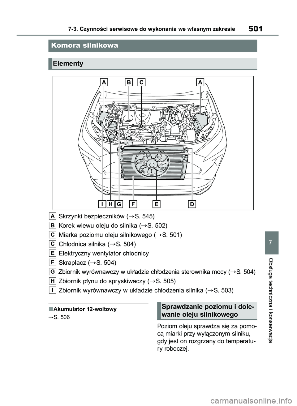 TOYOTA RAV4 PHEV 2021  Instrukcja obsługi (in Polish) Akumulator 12-woltowy
S. 506
Poziom oleju sprawdza si´ za pomo-
cà miarki przy wy∏àczonym silniku,
gdy jest on rozgrzany do temperatu-
ry roboczej.
Obs∏uga techniczna i konserwacja
7-3. Czynno