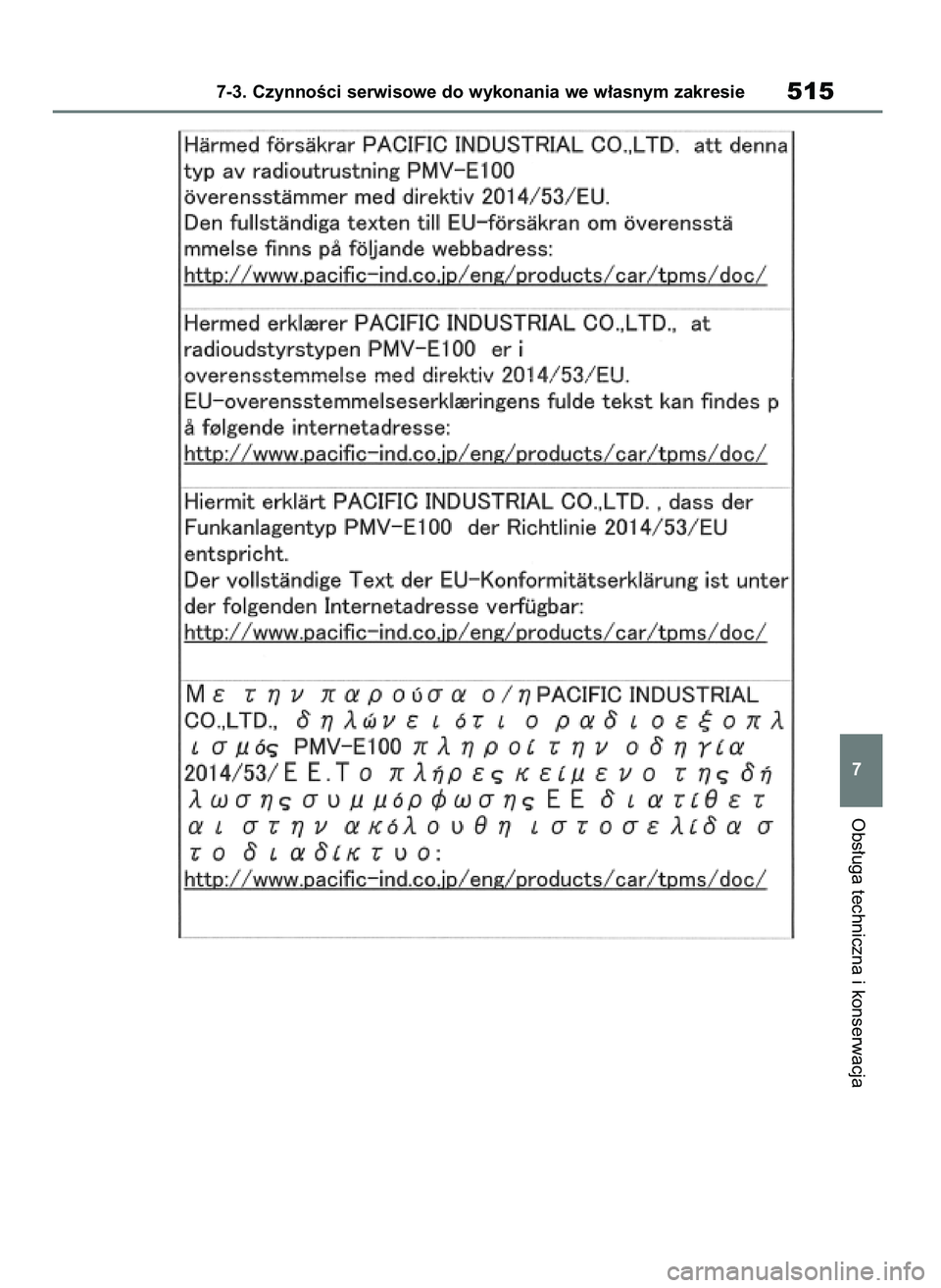 TOYOTA RAV4 PHEV 2021 Instrukcja obsługi (in Polish) Obs∏uga techniczna i konserwacja
7-3. CzynnoÊci serwisowe do wykonania we w∏asnym zakresie515
7
7 RAV4 Plug In HV OM42E06E 11/3/21 14:56 Page 515 TOYOTA RAV4 PHEV 2021 Instrukcja obsługi (in Polish) Obs∏uga techniczna i konserwacja
7-3. CzynnoÊci serwisowe do wykonania we w∏asnym zakresie515
7
7 RAV4 Plug In HV OM42E06E 11/3/21 14:56 Page 515