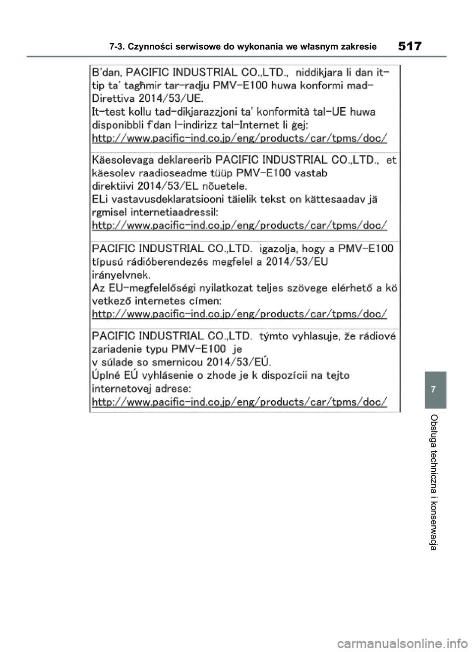 TOYOTA RAV4 PHEV 2021 Instrukcja obsługi (in Polish) Obs∏uga techniczna i konserwacja
7-3. CzynnoÊci serwisowe do wykonania we w∏asnym zakresie517
7
7 RAV4 Plug In HV OM42E06E 11/3/21 14:56 Page 517 TOYOTA RAV4 PHEV 2021 Instrukcja obsługi (in Polish) Obs∏uga techniczna i konserwacja
7-3. CzynnoÊci serwisowe do wykonania we w∏asnym zakresie517
7
7 RAV4 Plug In HV OM42E06E 11/3/21 14:56 Page 517